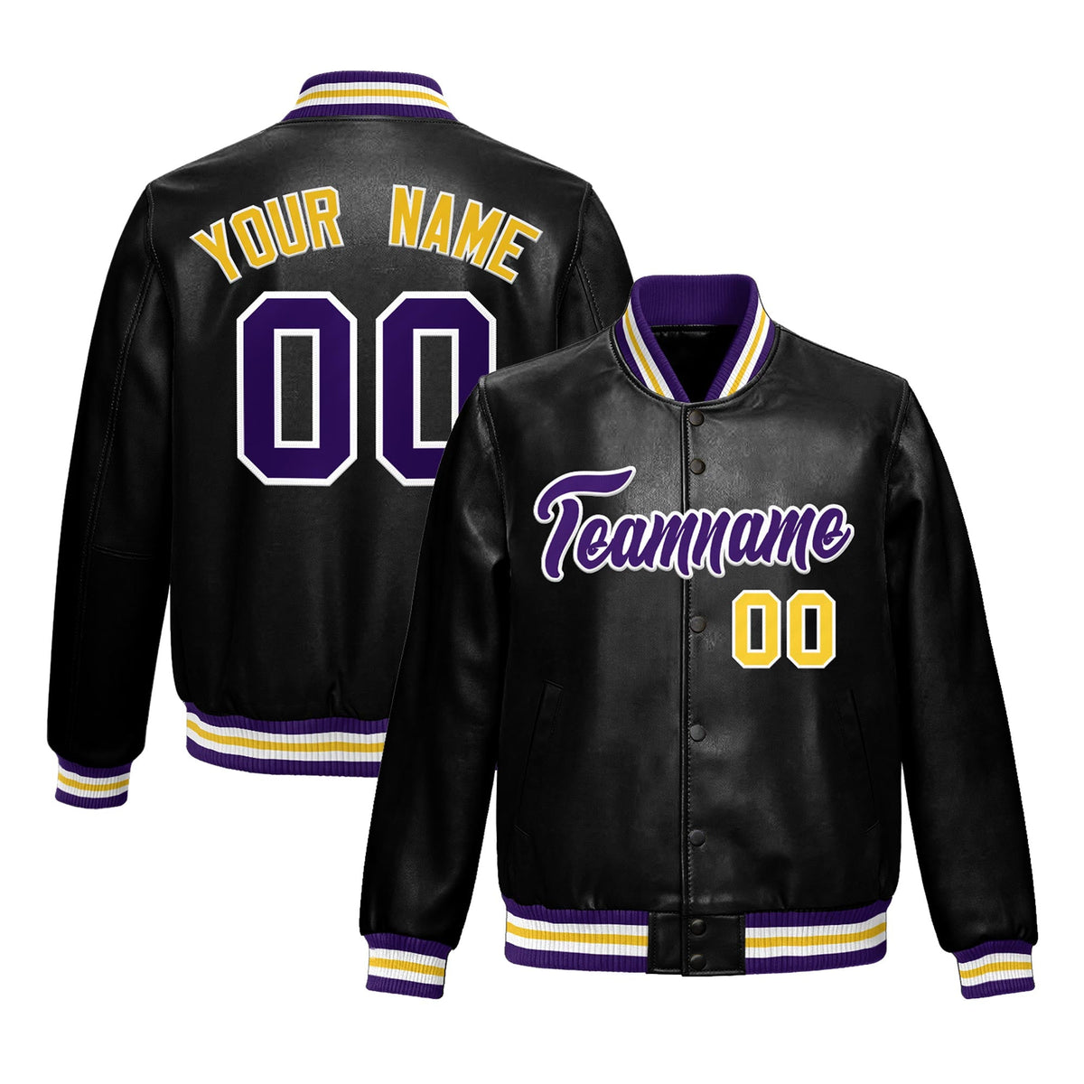 Custom Black Purple Gold Full-Snap Varsity Faux Leather Letterman Jacket| KXKSHOP