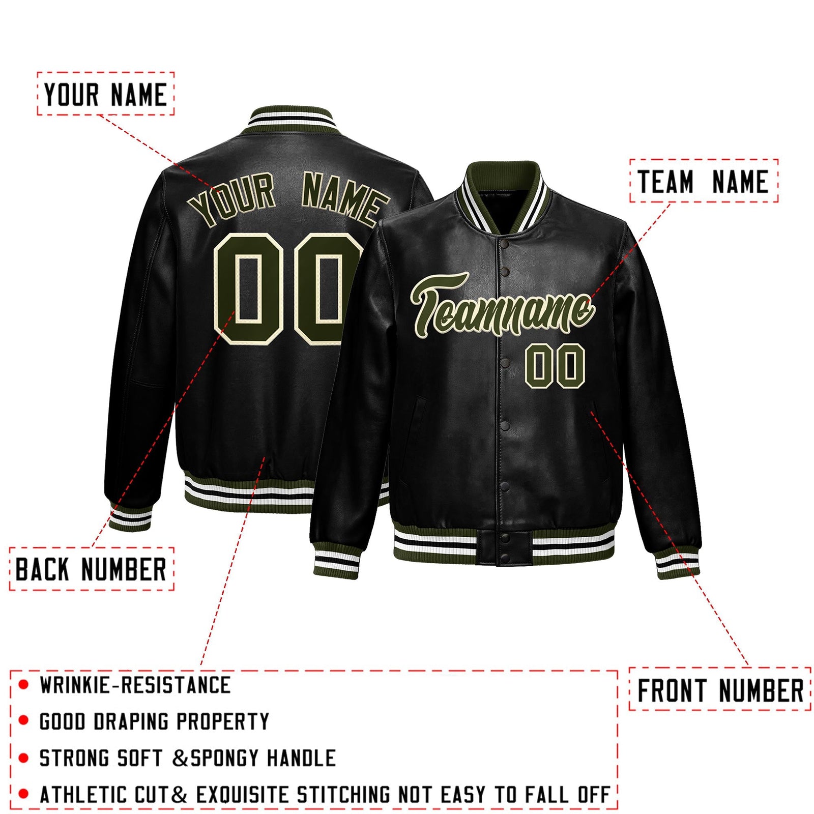 Custom Black Olive Full-Snap Varsity Faux Leather Letterman Jacket| KXKSHOP