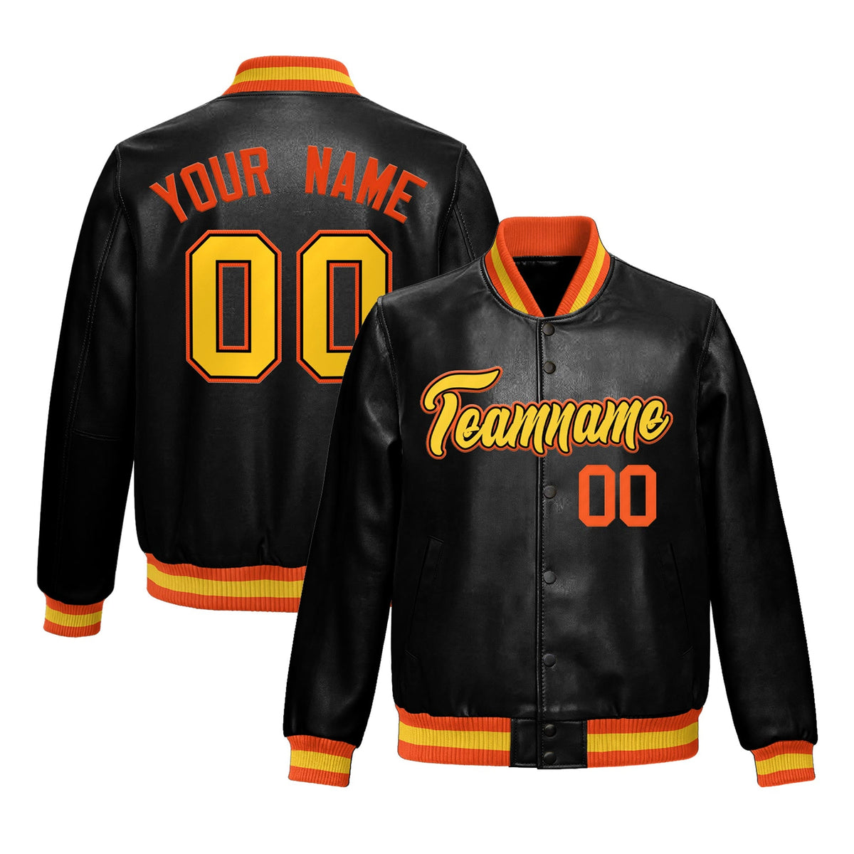 Custom Black Orange Gold Full-Snap Varsity Faux Leather Letterman Jacket| KXKSHOP