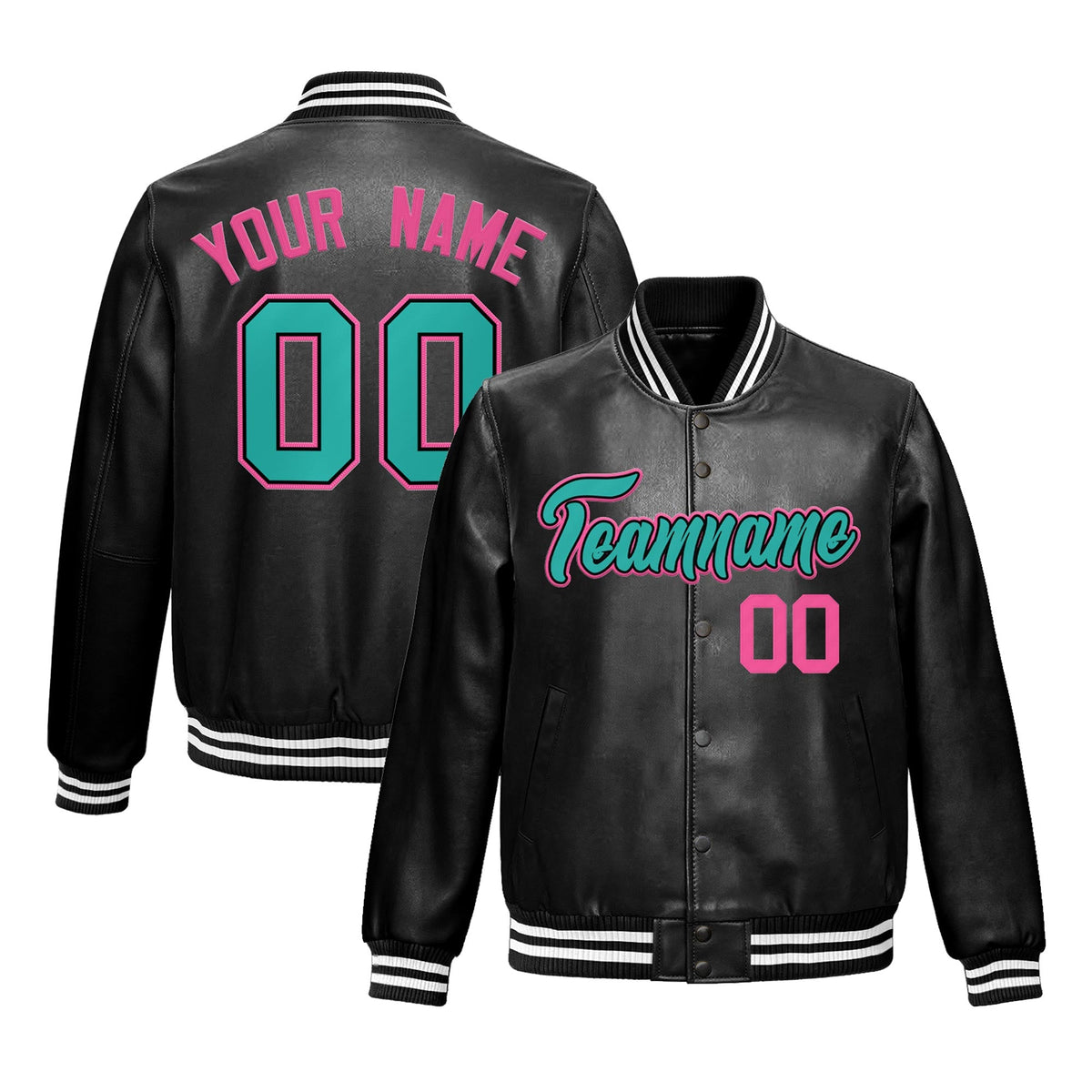 Custom Black Aqua Full-Snap Varsity Faux Leather Letterman Jacket| KXKSHOP