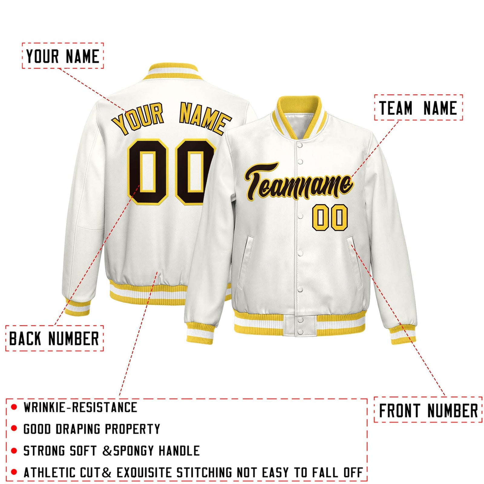 Custom Gold White Full-Snap Varsity Faux Leather Letterman Jacket| KXKSHOP