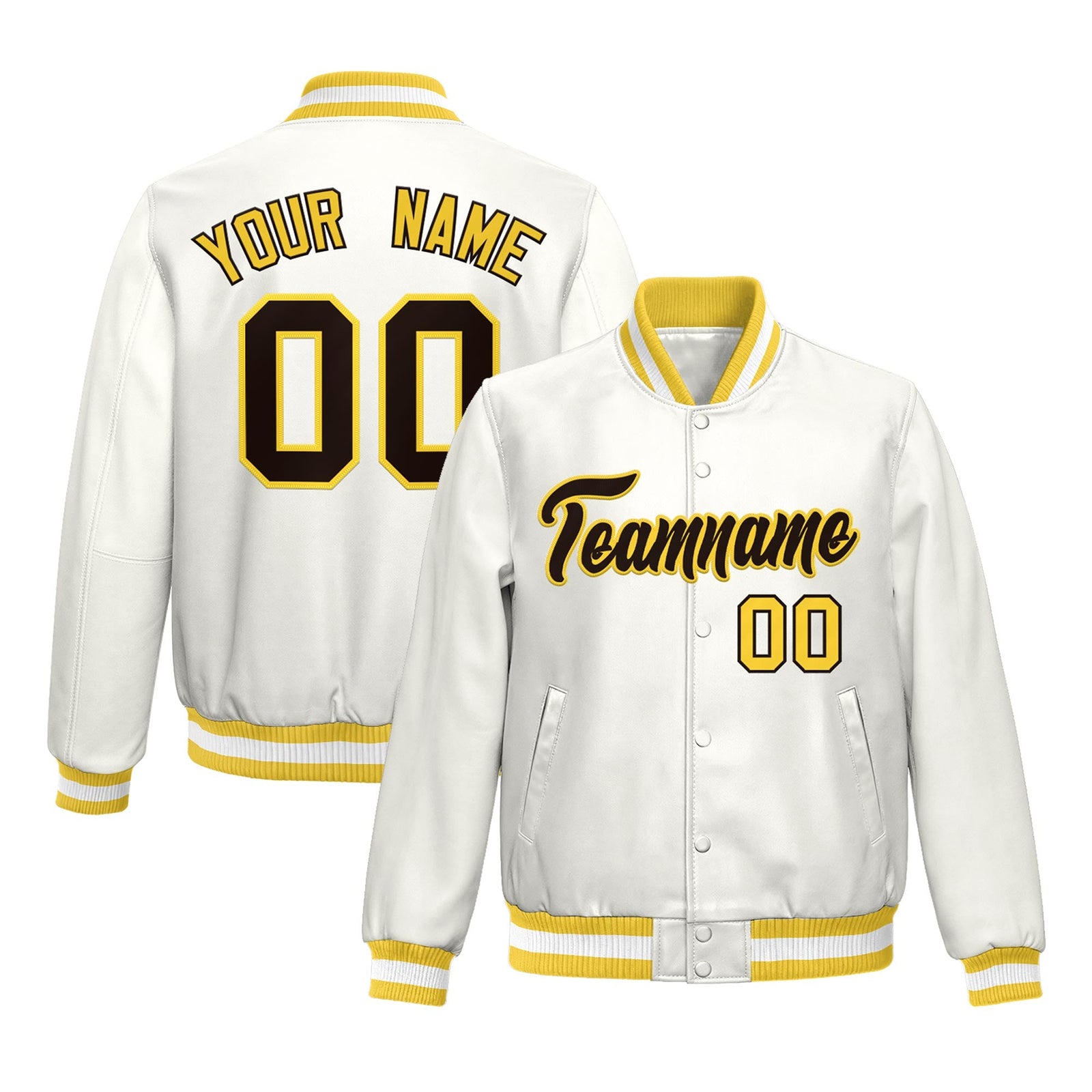 Custom Gold White Full-Snap Varsity Faux Leather Letterman Jacket| KXKSHOP