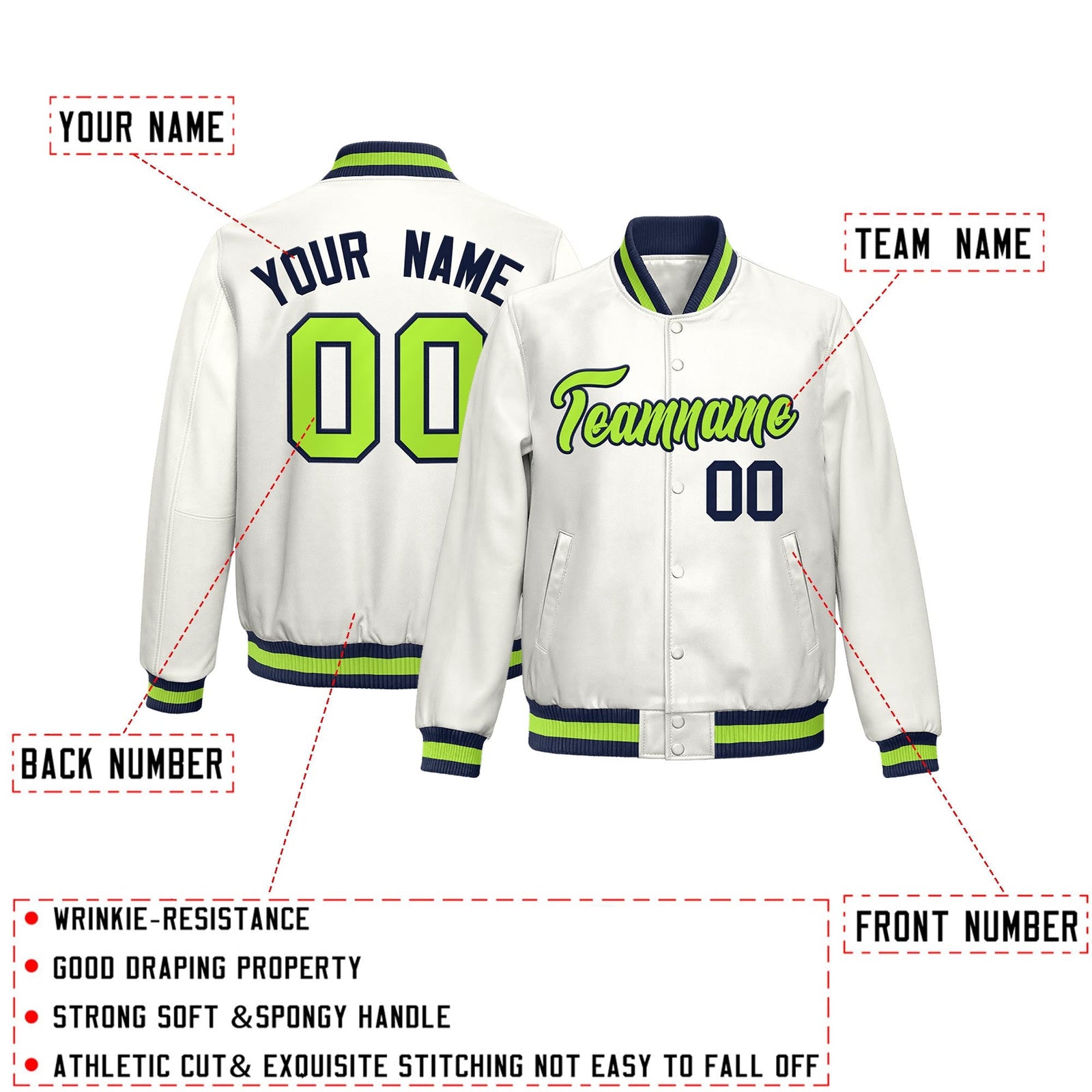 Custom White Neon Green Full-Snap Varsity Faux Leather Letterman Jacket| KXKSHOP