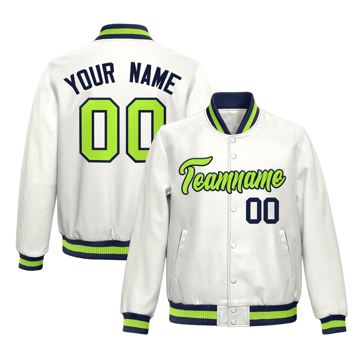 Custom White Neon Green Full-Snap Varsity Faux Leather Letterman Jacket| KXKSHOP