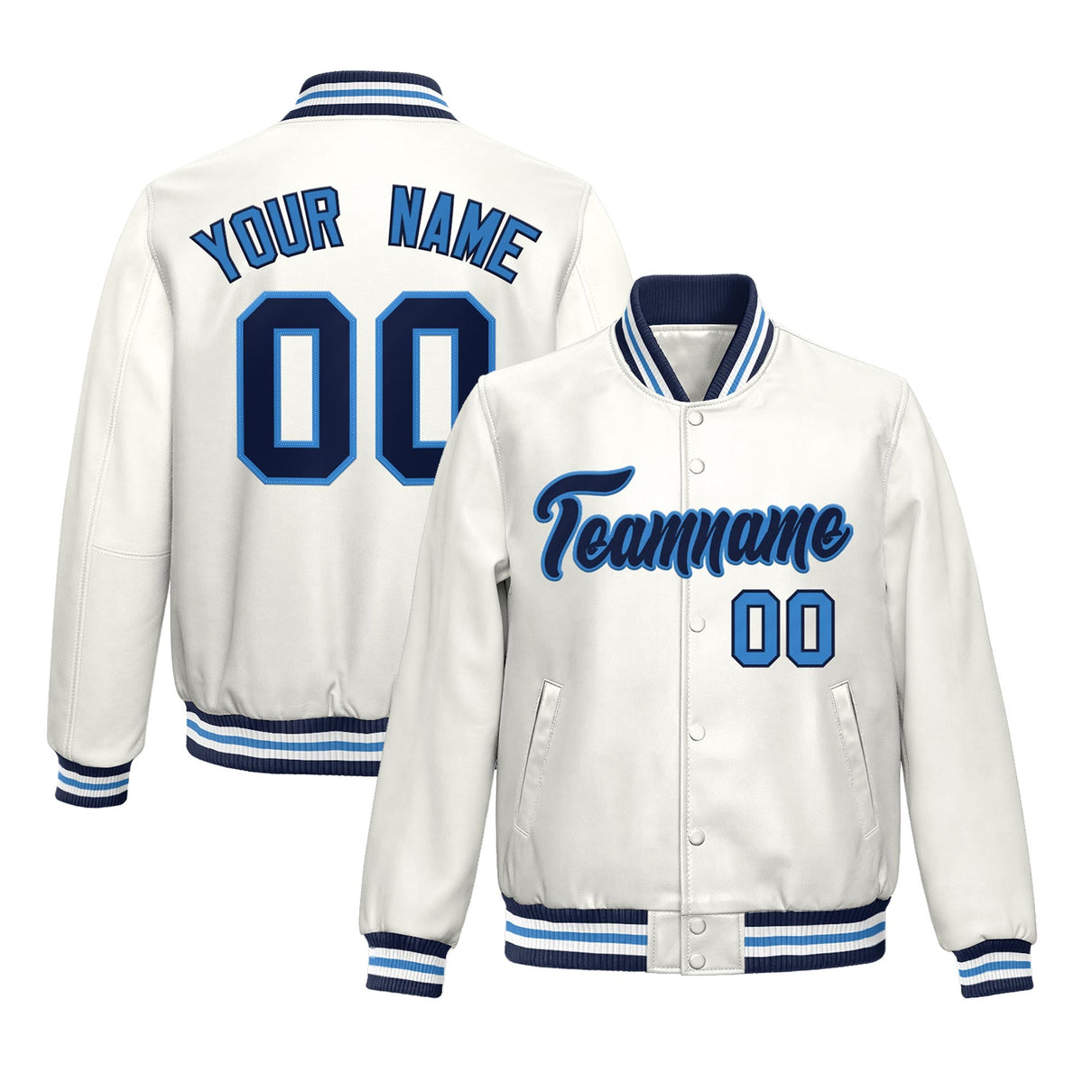Custom White Light Blue Full-Snap Varsity Faux Leather Letterman Jacket| KXKSHOP