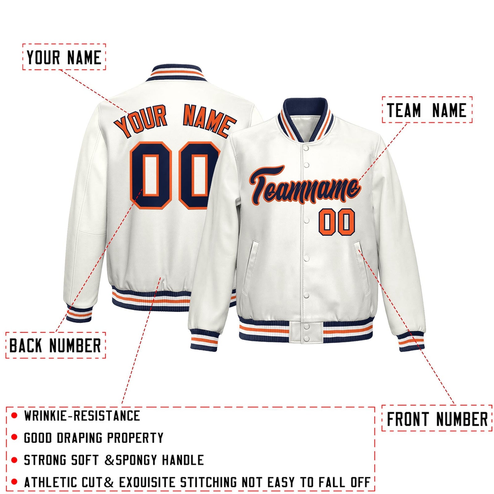 Custom White Navy Orange Full-Snap Varsity Faux Leather Letterman Jacket| KXKSHOP
