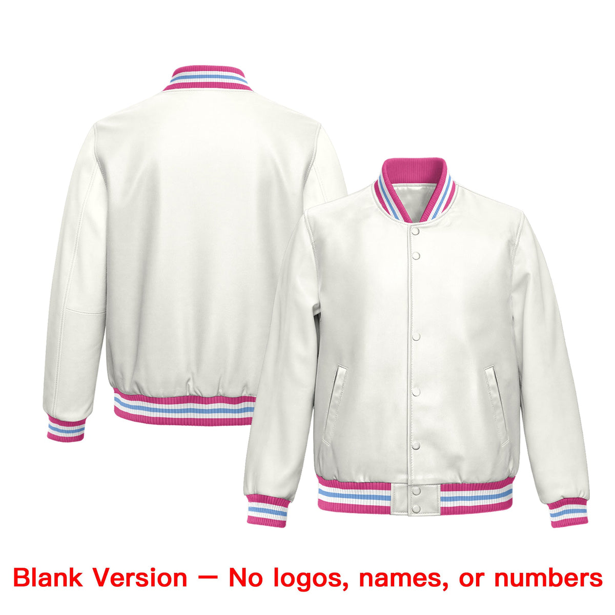 Custom White Pink Full-Snap Varsity Faux Leather Letterman Jacket| KXKSHOP