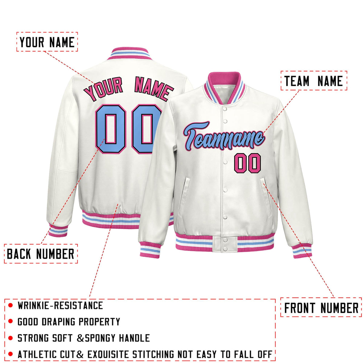 Custom White Pink Full-Snap Varsity Faux Leather Letterman Jacket| KXKSHOP