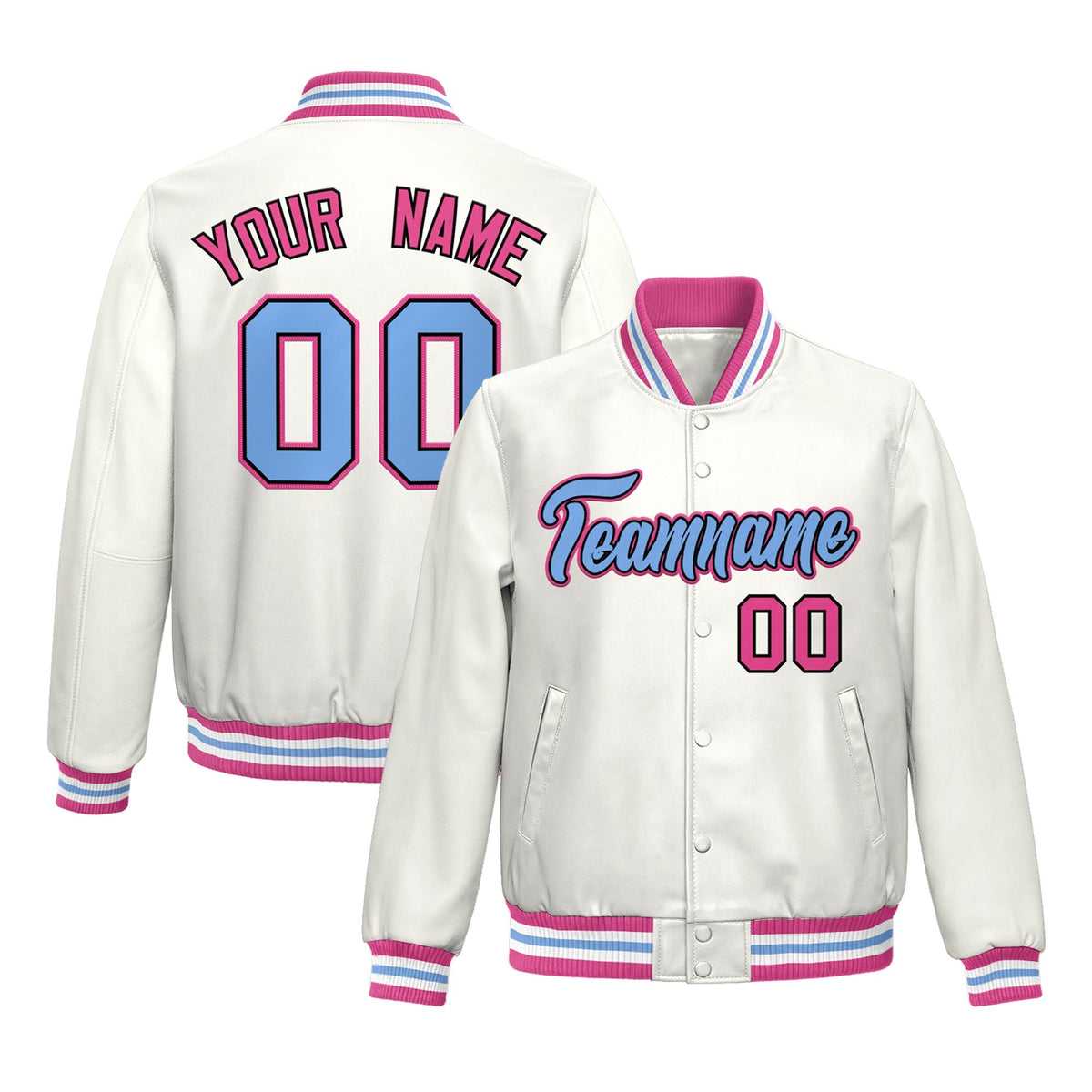 Custom White Pink Full-Snap Varsity Faux Leather Letterman Jacket| KXKSHOP