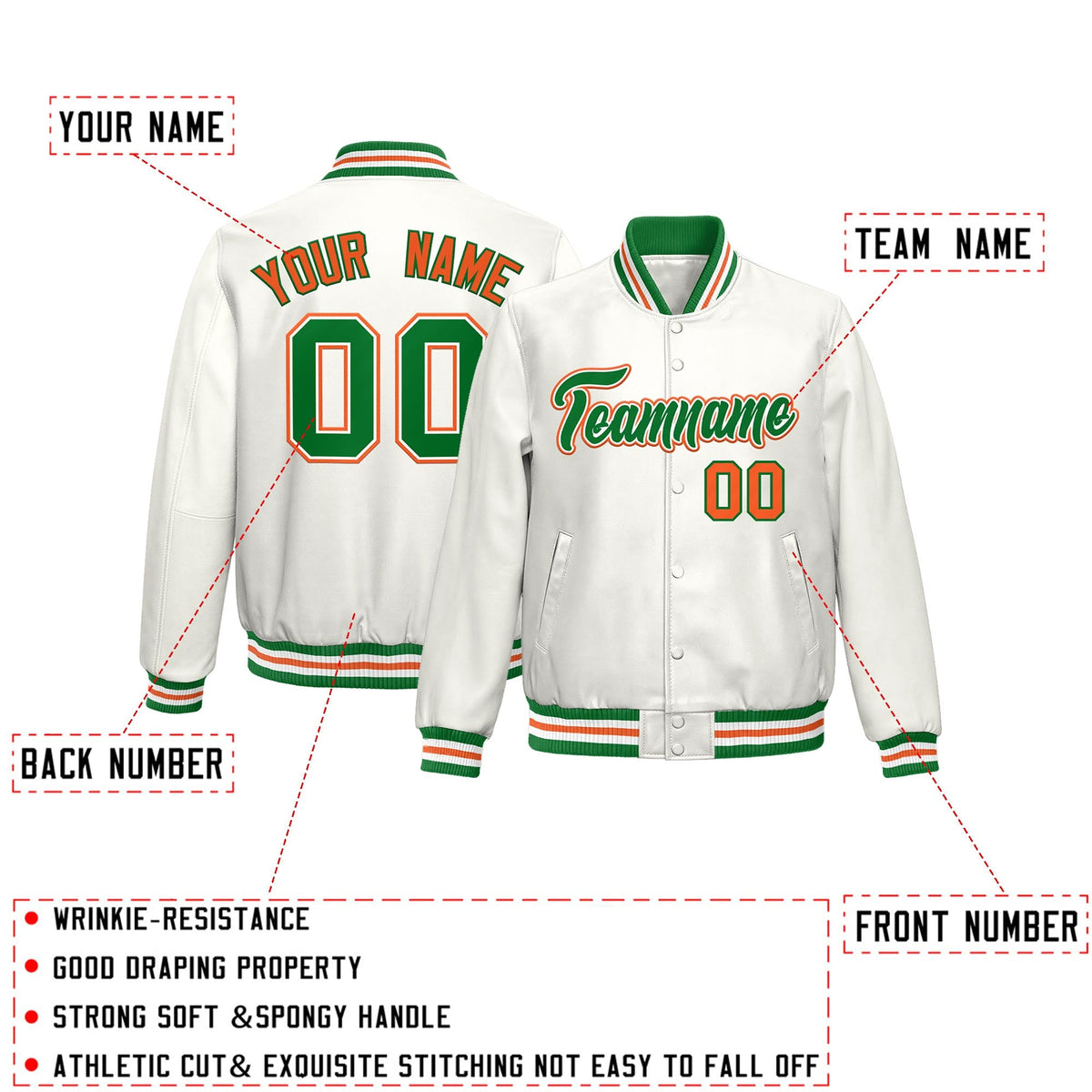 Custom White Kelly Green Orange Full-Snap Varsity Faux Leather Letterman Jacket| KXKSHOP