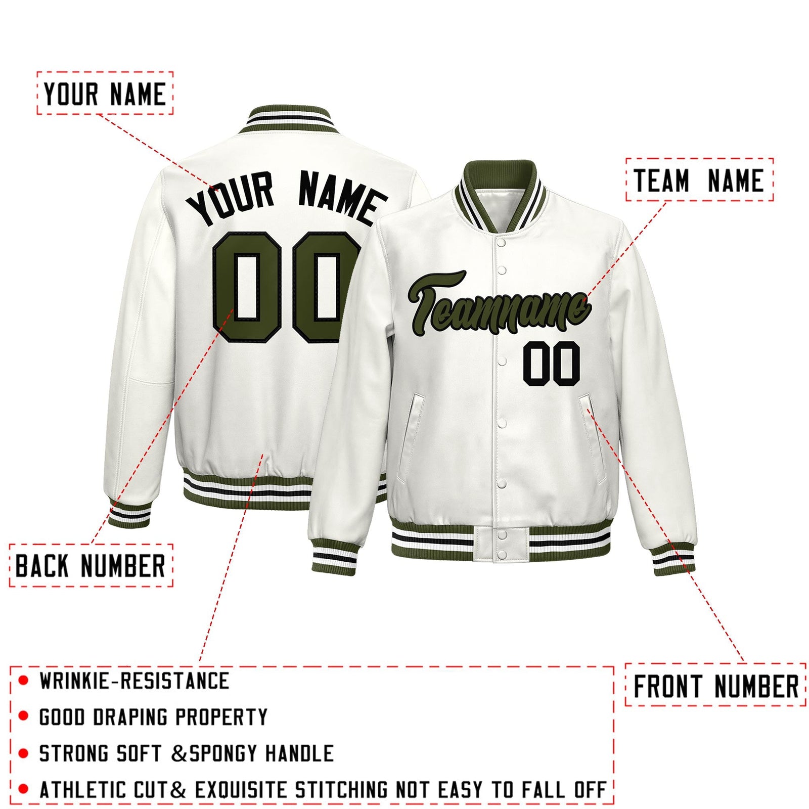 Custom White Olive Full-Snap Varsity Faux Leather Letterman Jacket| KXKSHOP