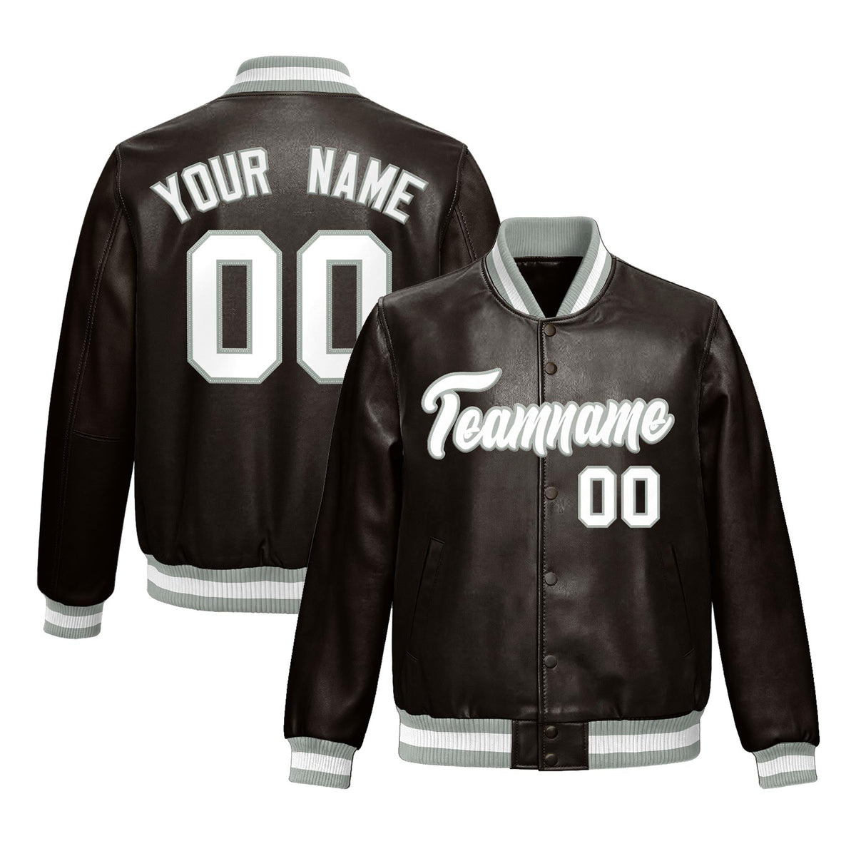 Custom Brown Gray Full-Snap Varsity Faux Leather Letterman Jacket| KXKSHOP