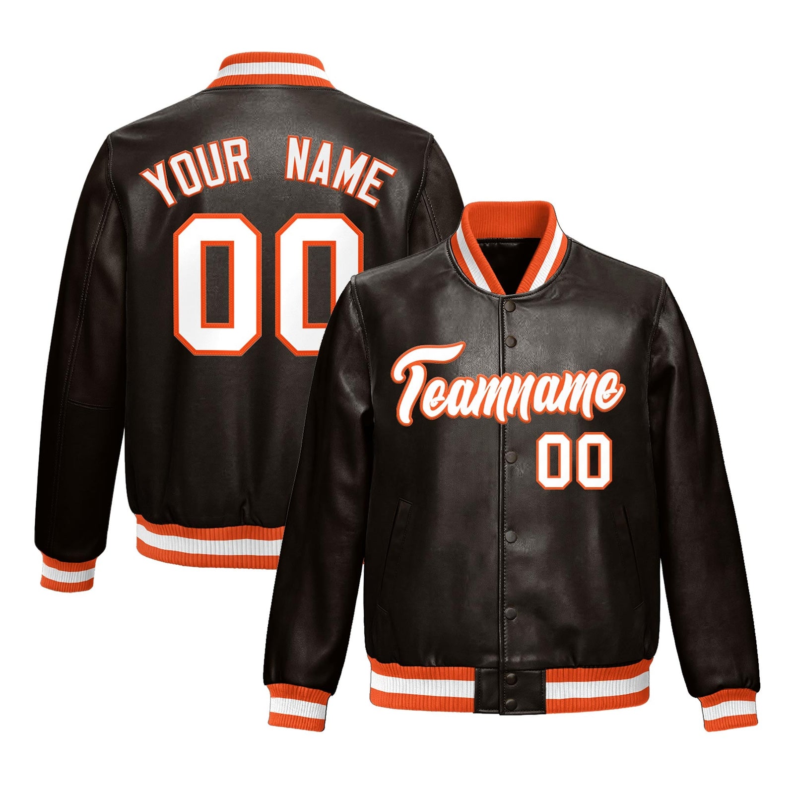 Custom Brown Orange Full-Snap Varsity Faux Leather Letterman Jacket| KXKSHOP