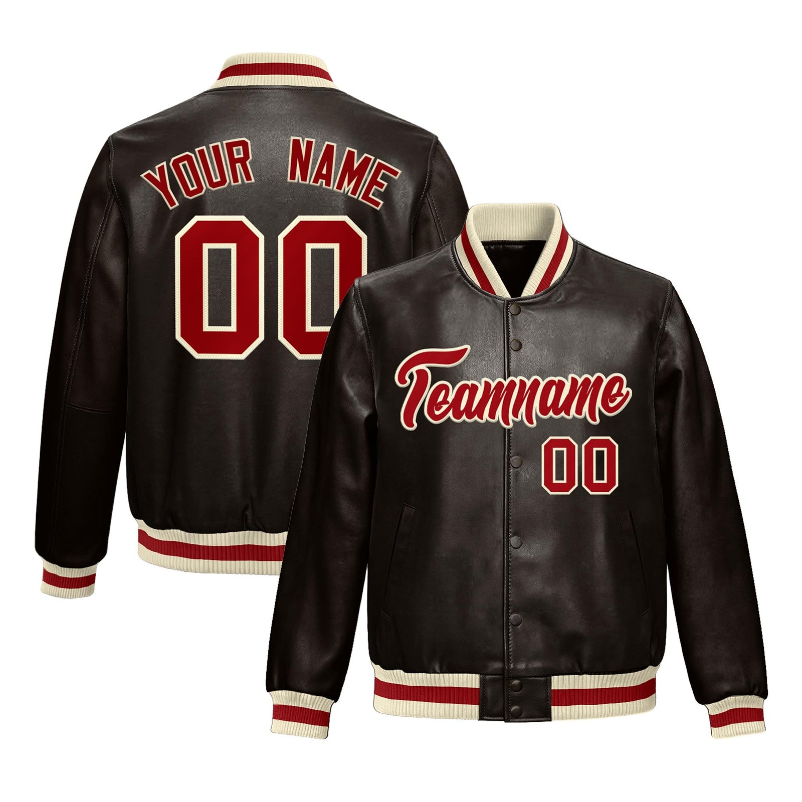 Custom Brown Red Cream Full-Snap Varsity Faux Leather Letterman Jacket| KXKSHOP