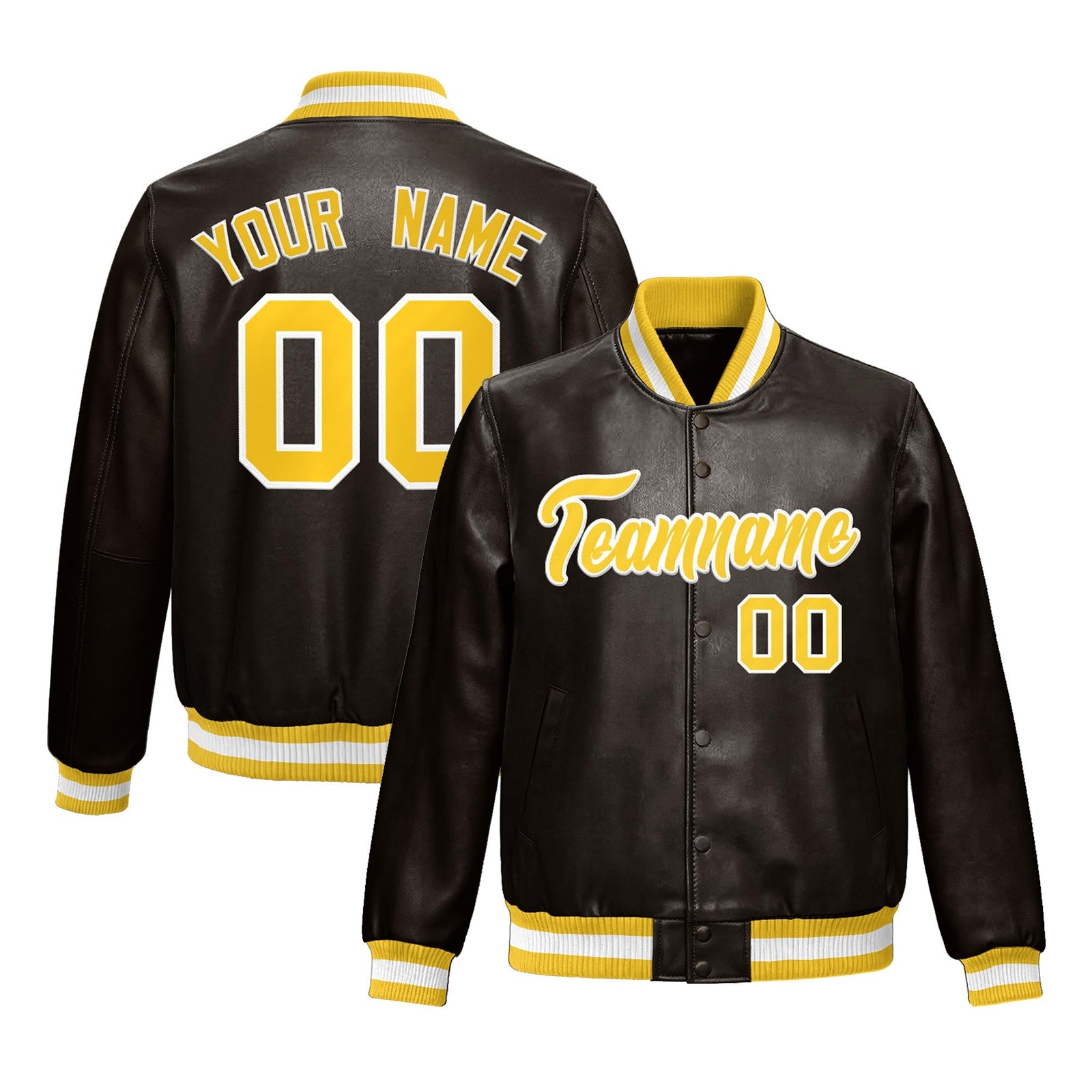 Custom Brown Yellow Full-Snap Varsity Faux Leather Letterman Jacket| KXKSHOP