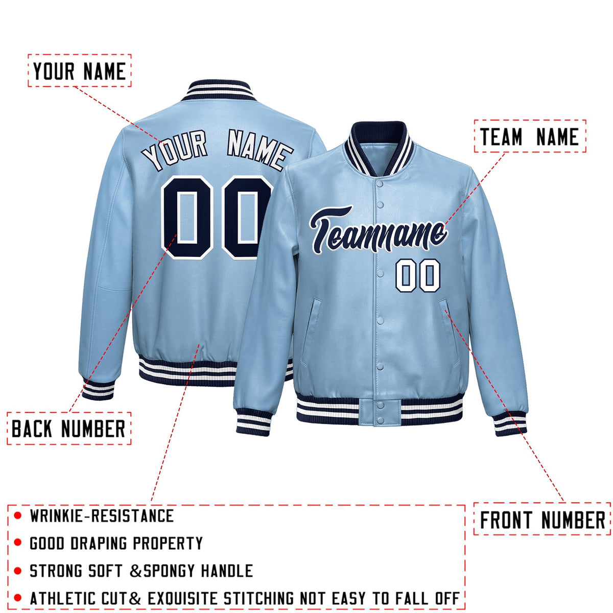 Custom Powder Blue Navy Full-Snap Varsity Faux Leather Letterman Jacket| KXKSHOP