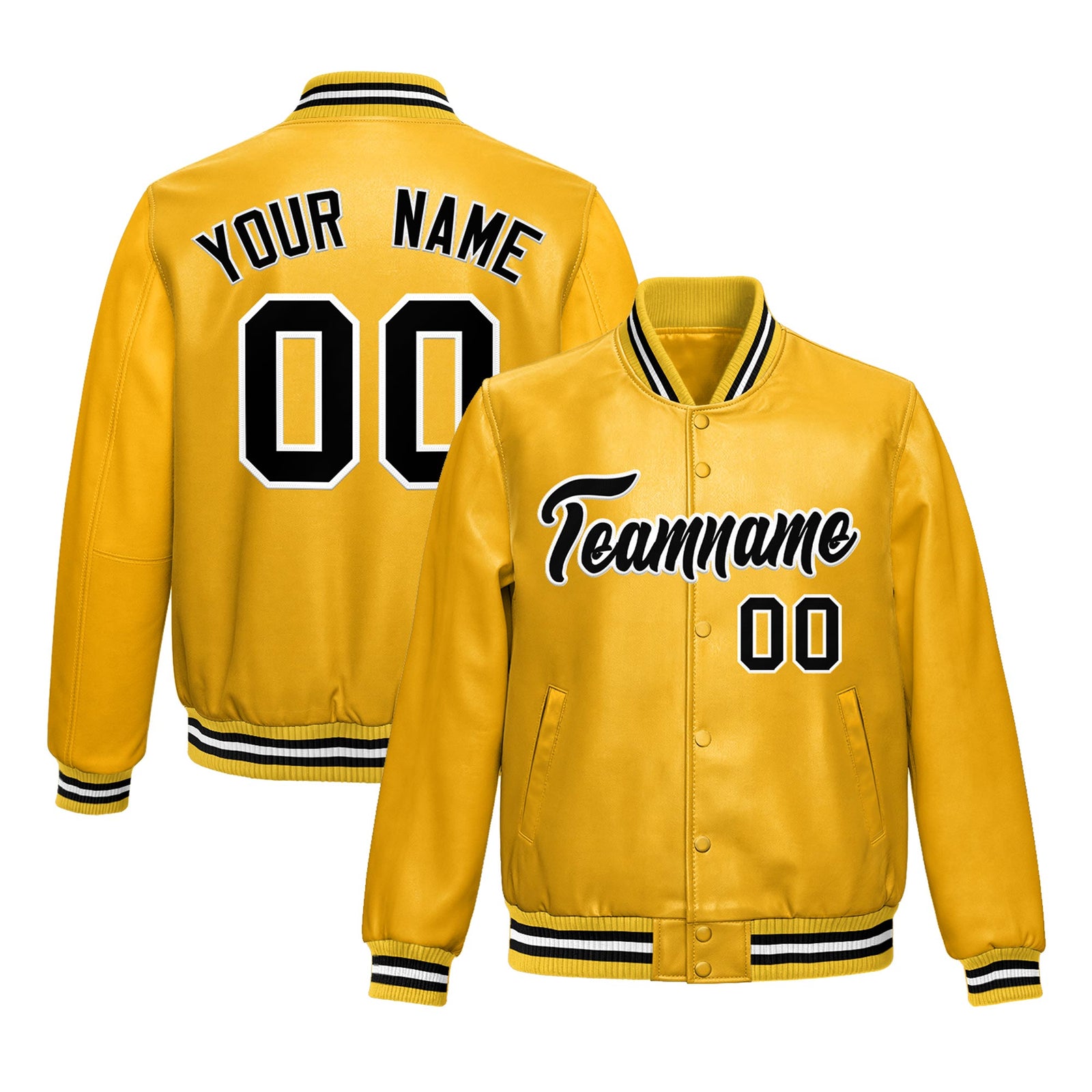 Custom Yellow Black Full-Snap Varsity Faux Leather Letterman Jacket| KXKSHOP