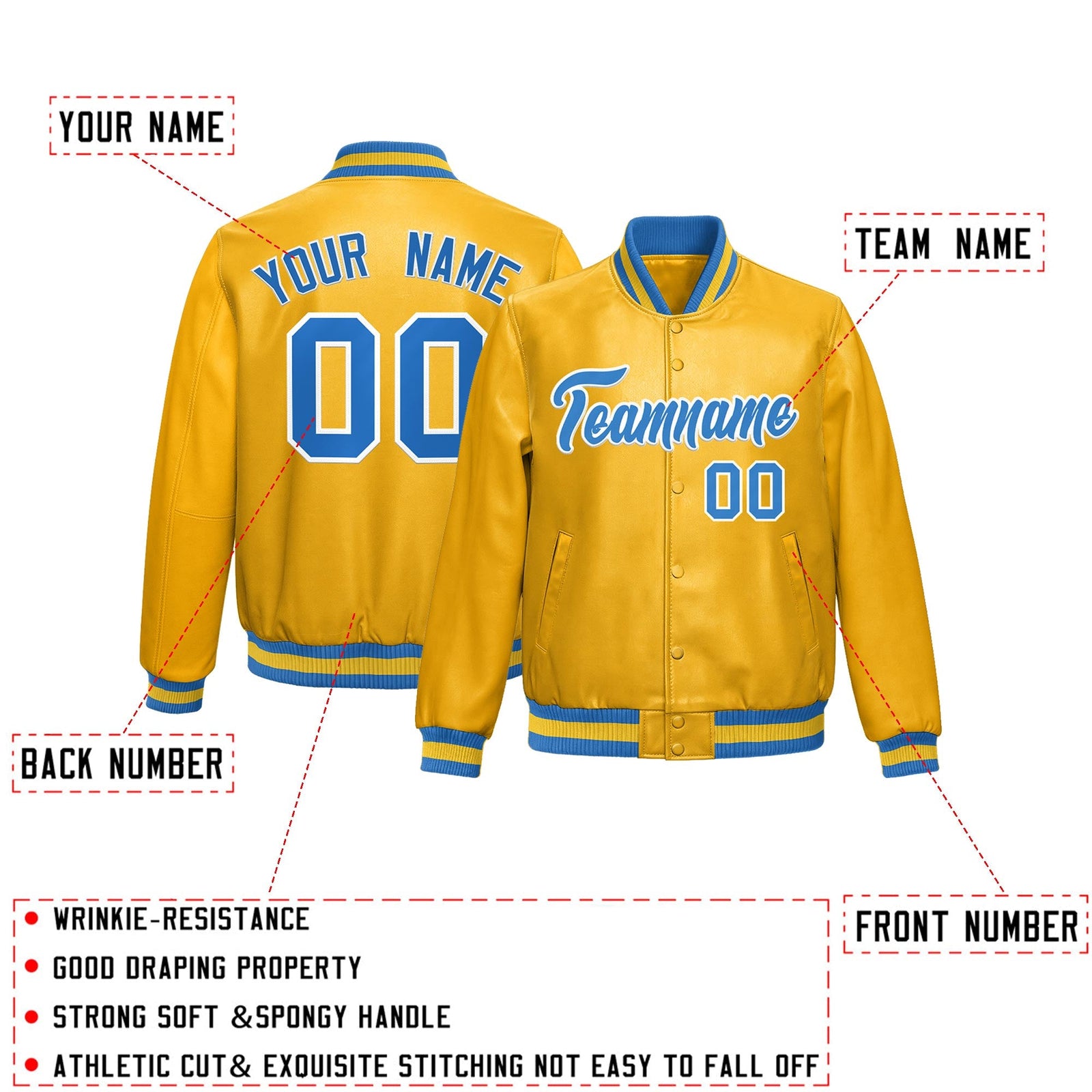 Custom Yellow Light Blue Full-Snap Varsity Faux Leather Letterman Jacket| KXKSHOP