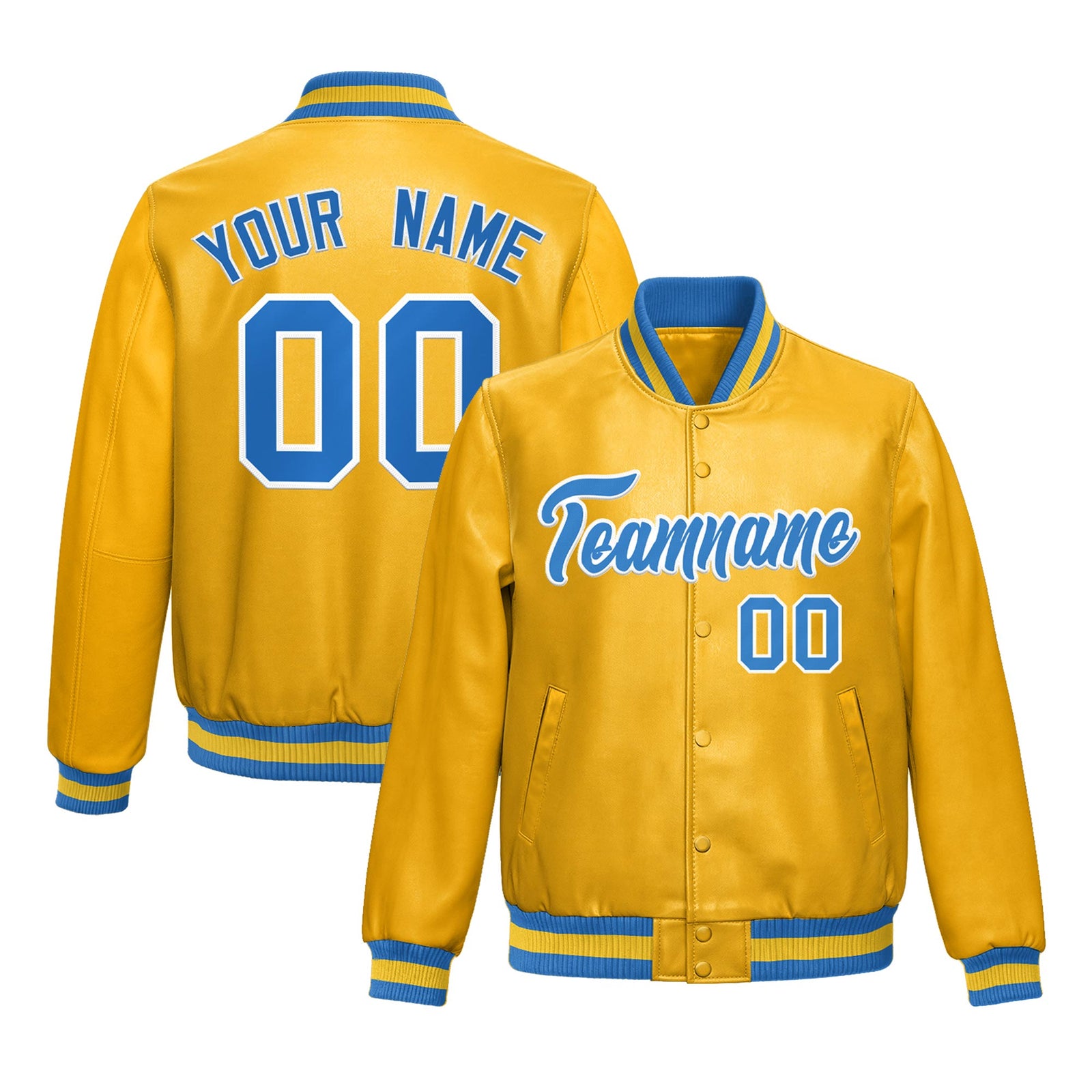Custom Yellow Light Blue Full-Snap Varsity Faux Leather Letterman Jacket| KXKSHOP