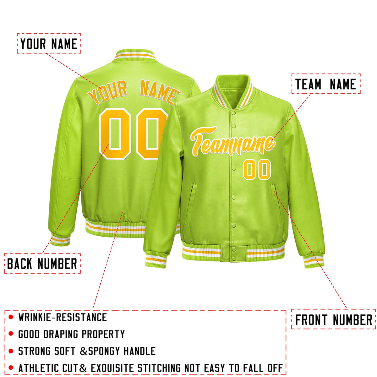 Custom Neon Green Yellow Full-Snap Varsity Faux Leather Letterman Jacket| KXKSHOP