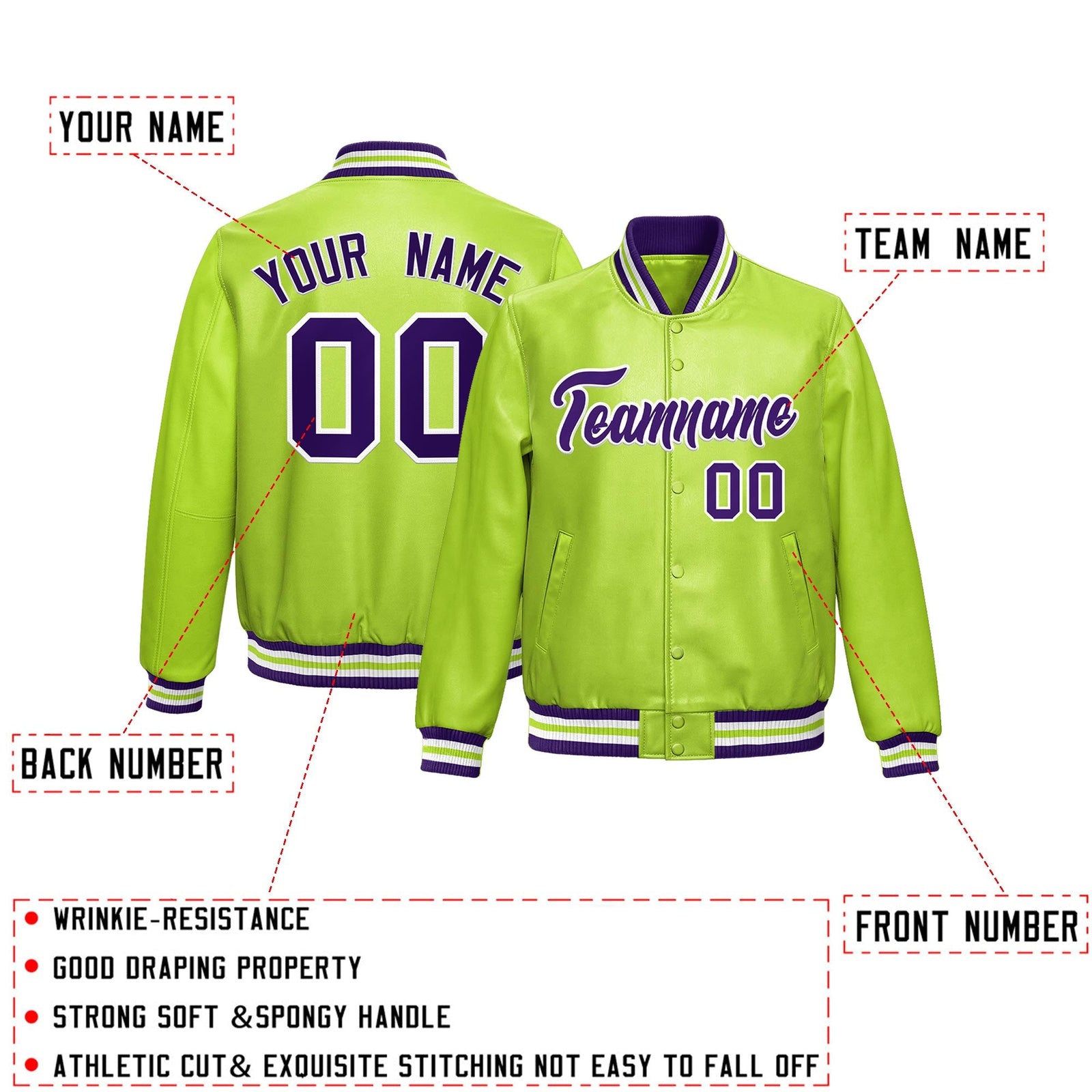 Custom Neon Green Purple Full-Snap Varsity Faux Leather Letterman Jacket| KXKSHOP