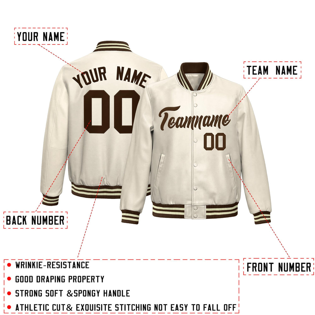 Custom Cream Brown Full-Snap Varsity Faux Leather Letterman Jacket| KXKSHOP