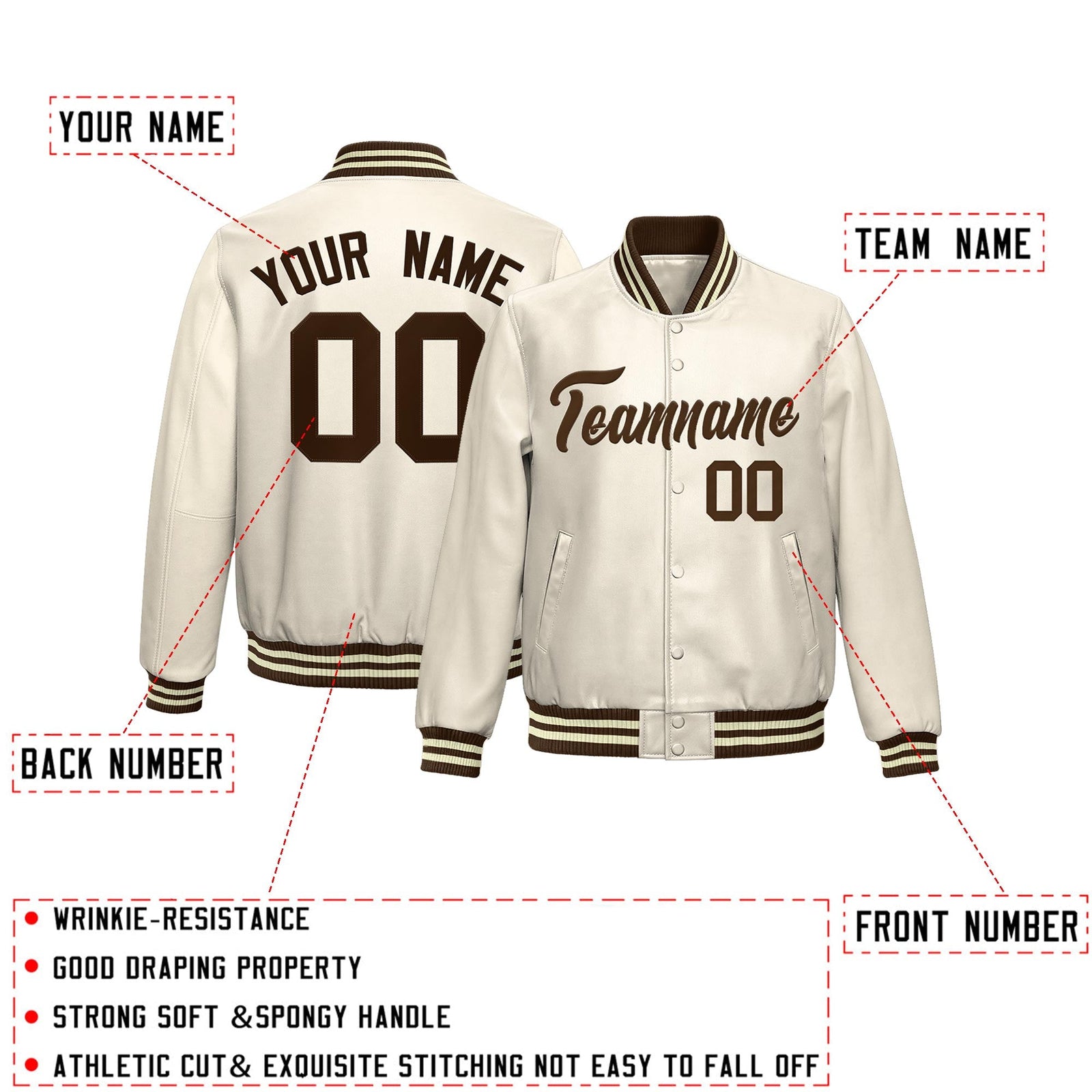 Custom Cream Brown Full-Snap Varsity Faux Leather Letterman Jacket| KXKSHOP