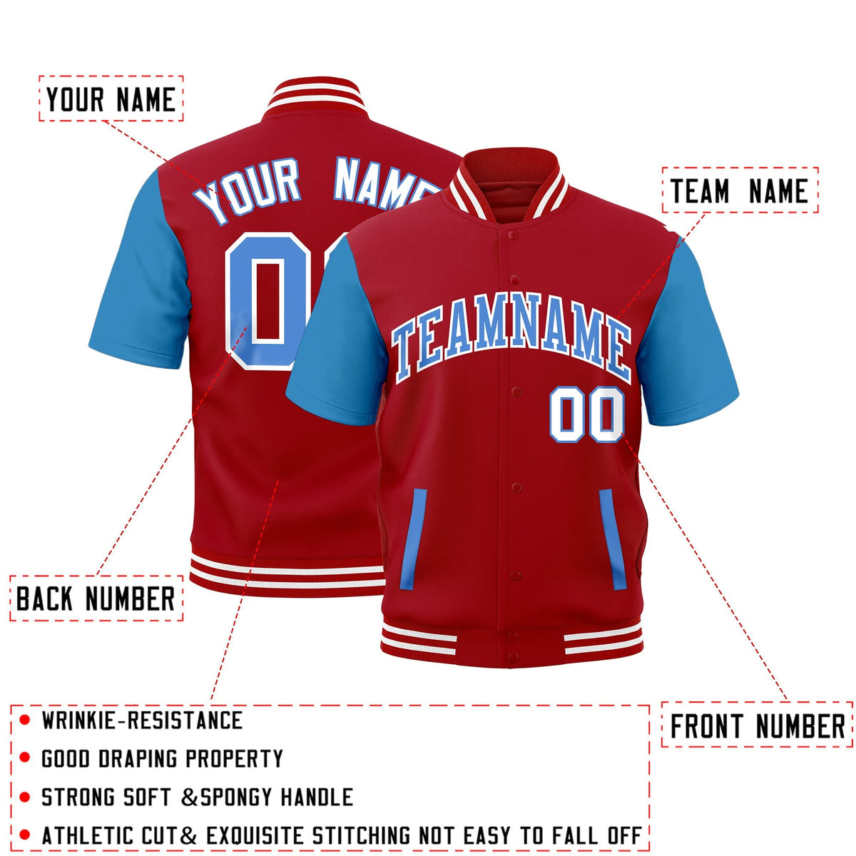 Custom Powder Blue Red Full-Snap Classic Style Jacket| KXKSHOP
