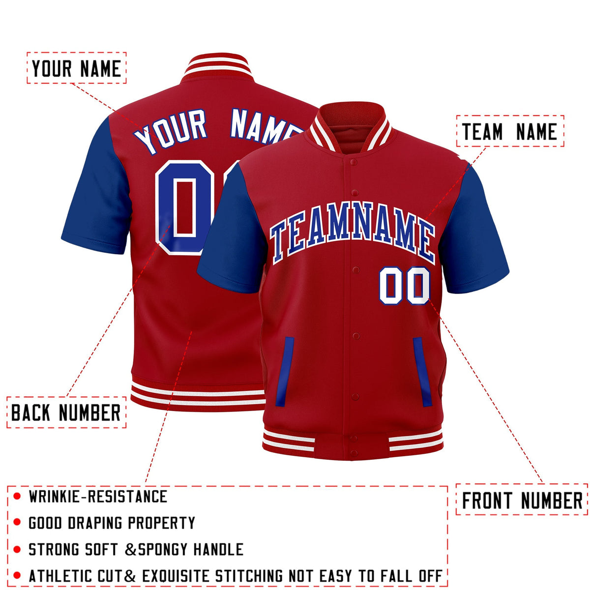 Custom Royal Blue Red White Full-Snap Classic Style Jacket| KXKSHOP