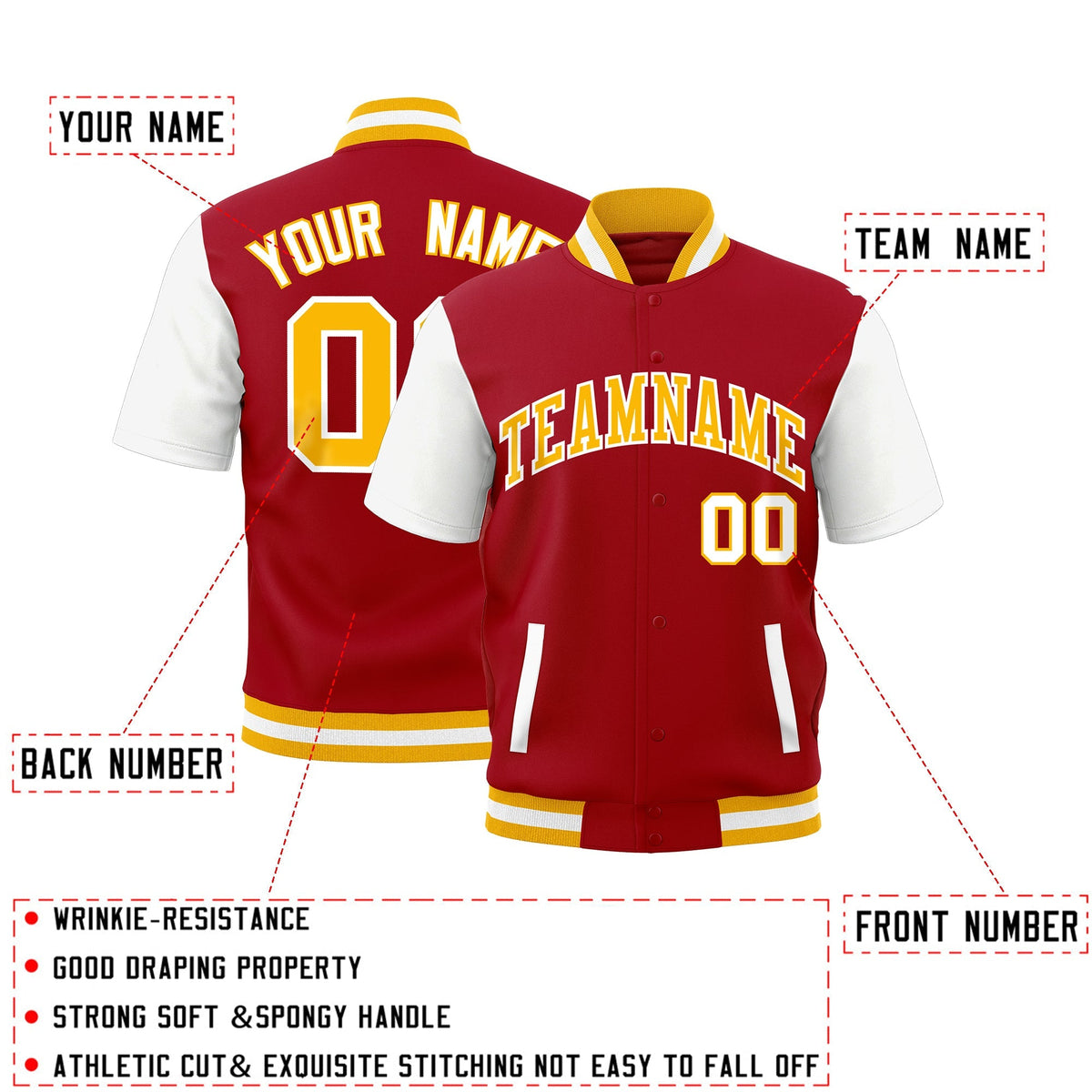 Custom Red White Gold Full-Snap Classic Style Jacket| KXKSHOP