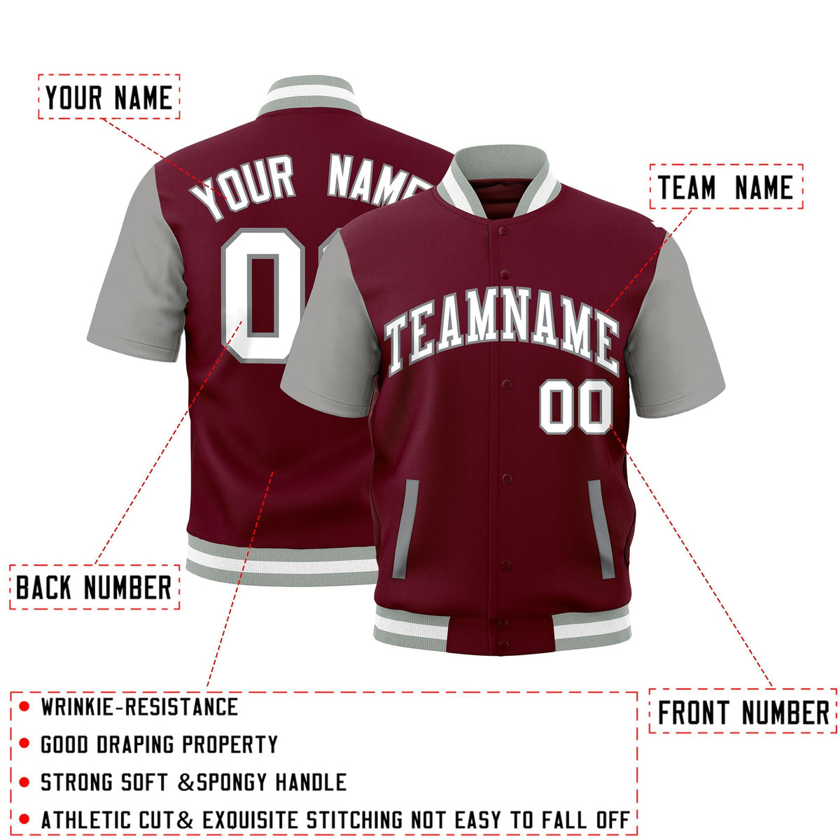 Custom Crimson Gray White Full-Snap Classic Style Jacket| KXKSHOP