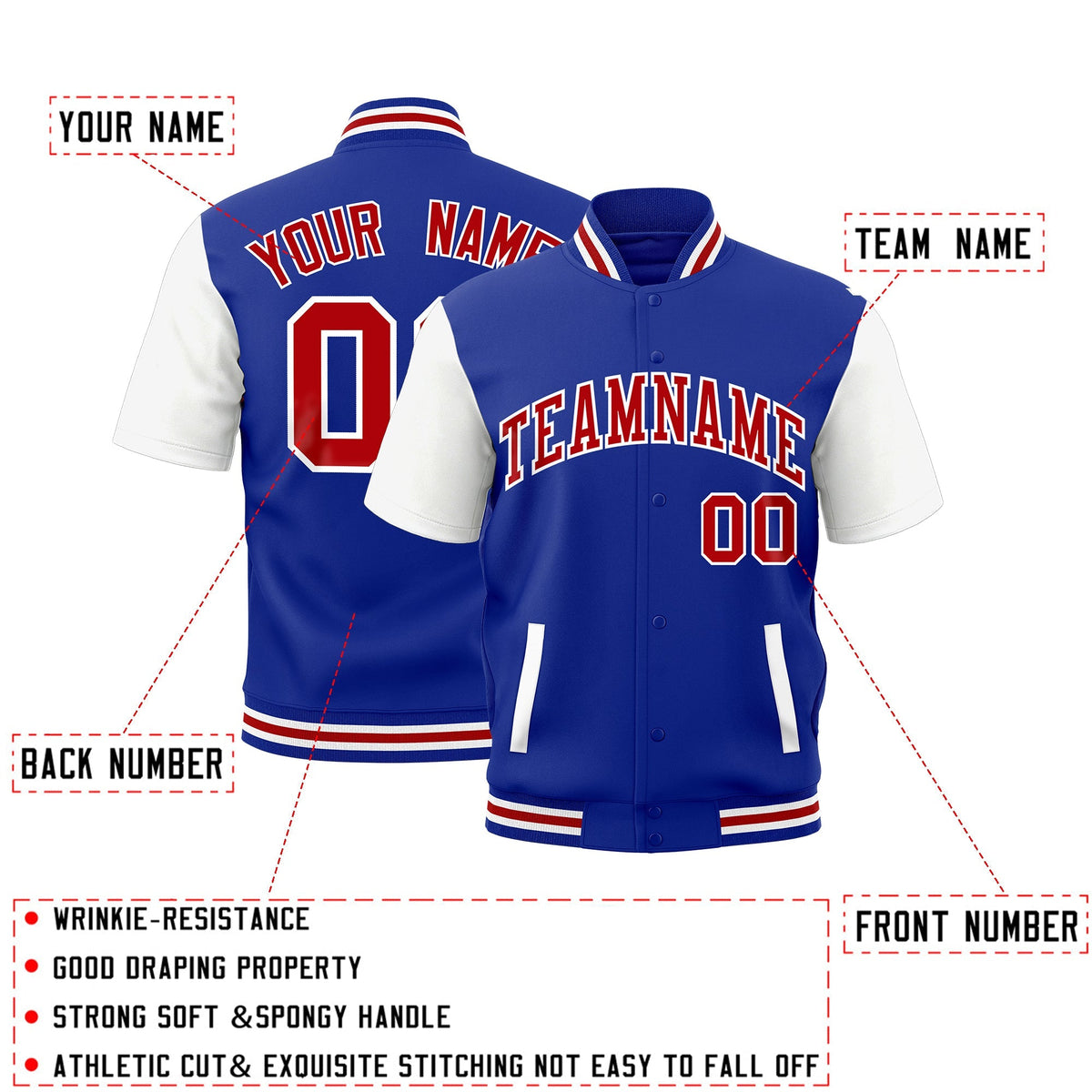 Custom White Royal Blue Red Full-Snap Classic Style Jacket| KXKSHOP