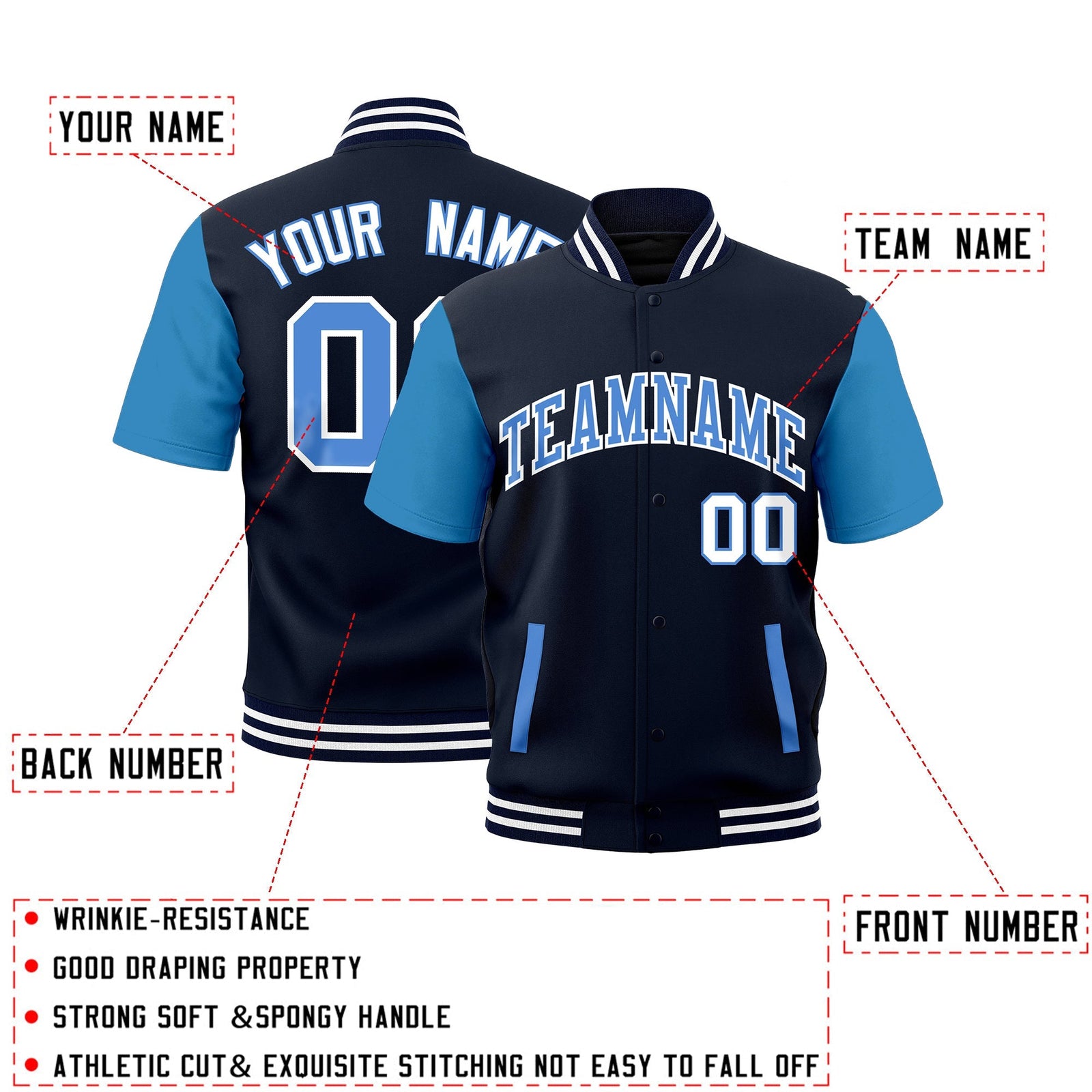 Custom Powder Blue Navy White Full-Snap Classic Style Jacket| KXKSHOP