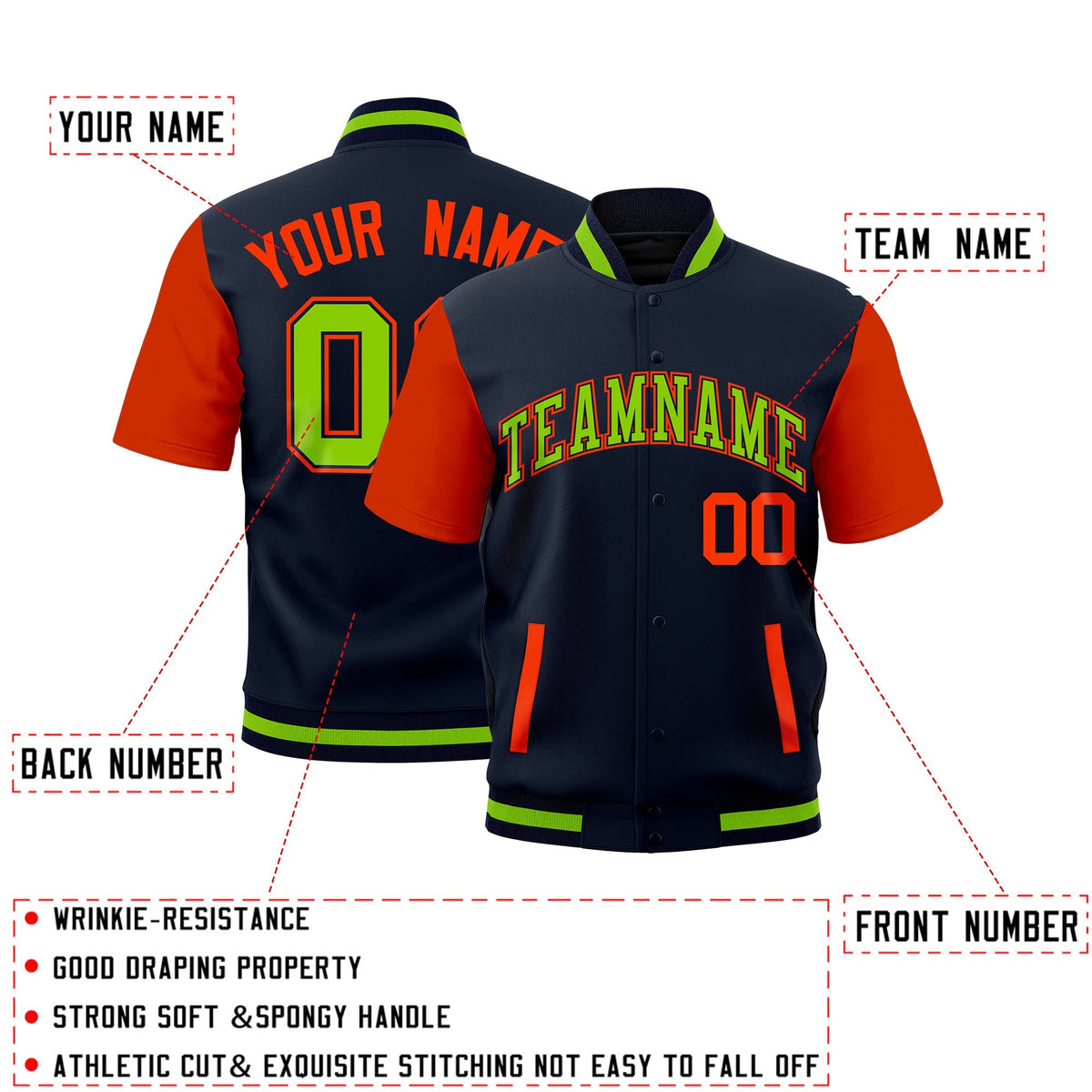 Custom Orange Navy Neon Green Full-Snap Classic Style Jacket| KXKSHOP