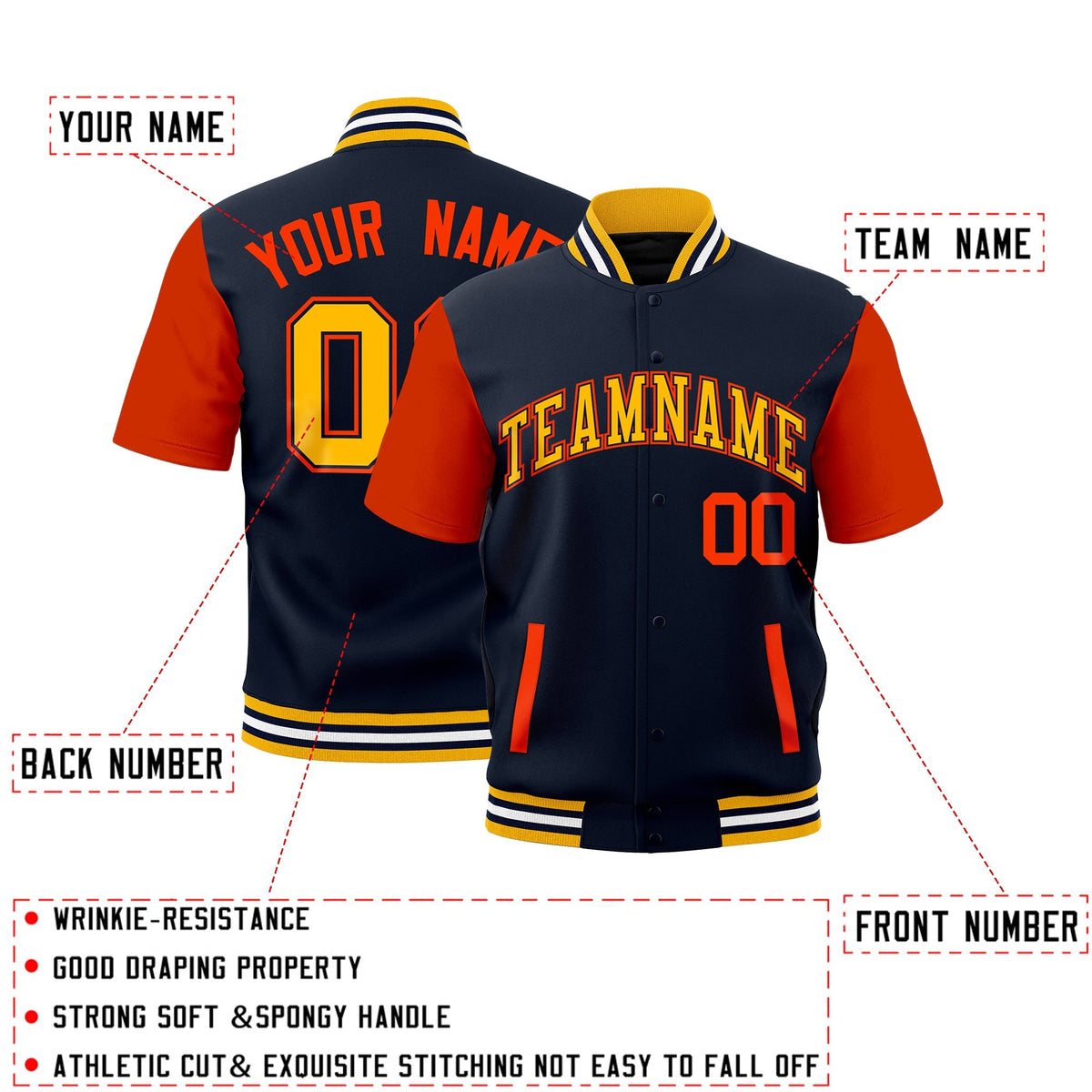Custom Orange Gold Navy Full-Snap Classic Style Jacket| KXKSHOP