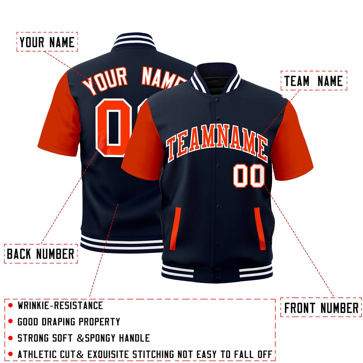 Custom Orange Navy White Full-Snap Classic Style Jacket| KXKSHOP