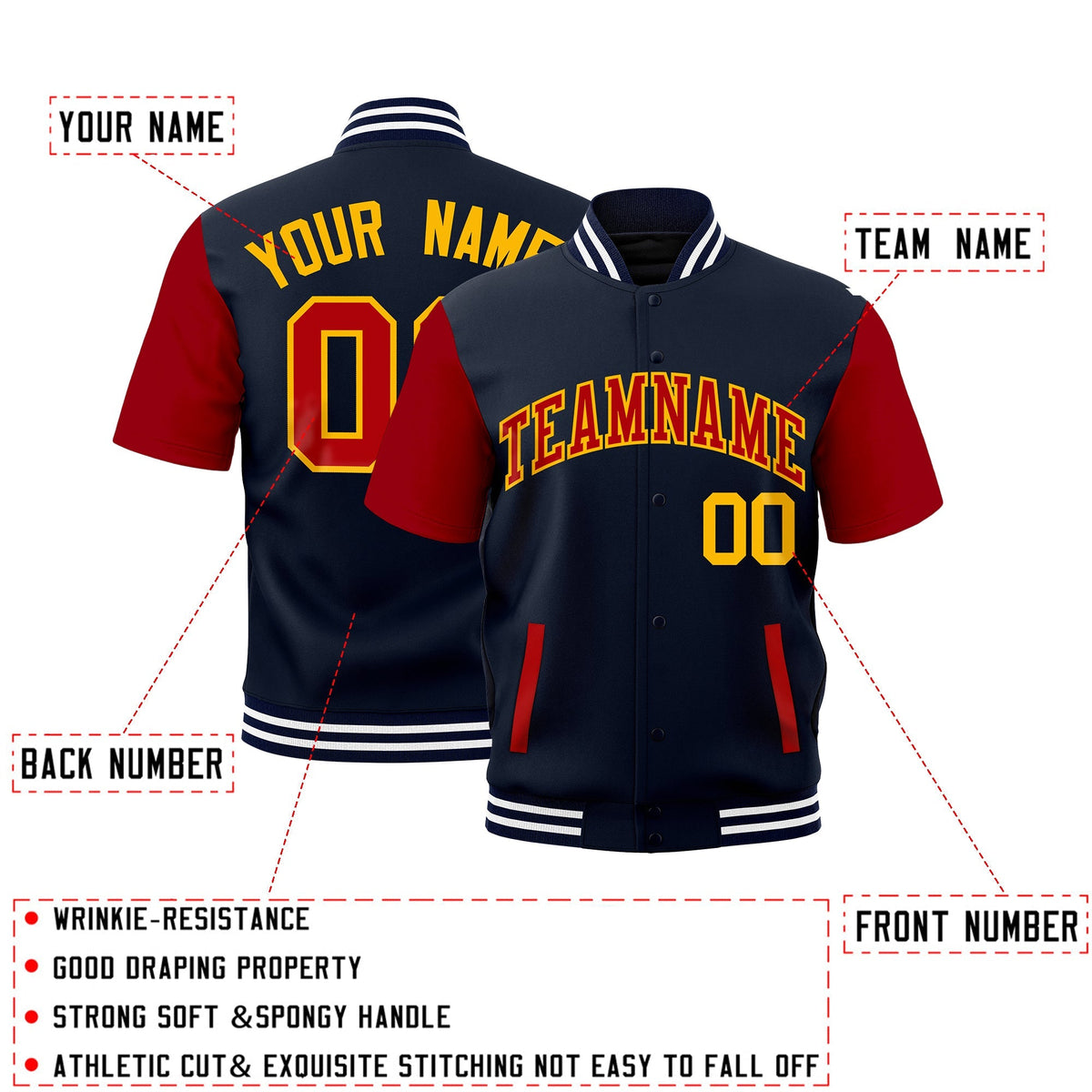 Custom Red Navy White Full-Snap Classic Style Jacket| KXKSHOP