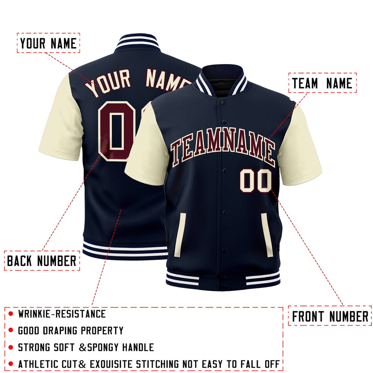Custom Cream Navy White Full-Snap Classic Style Jacket| KXKSHOP