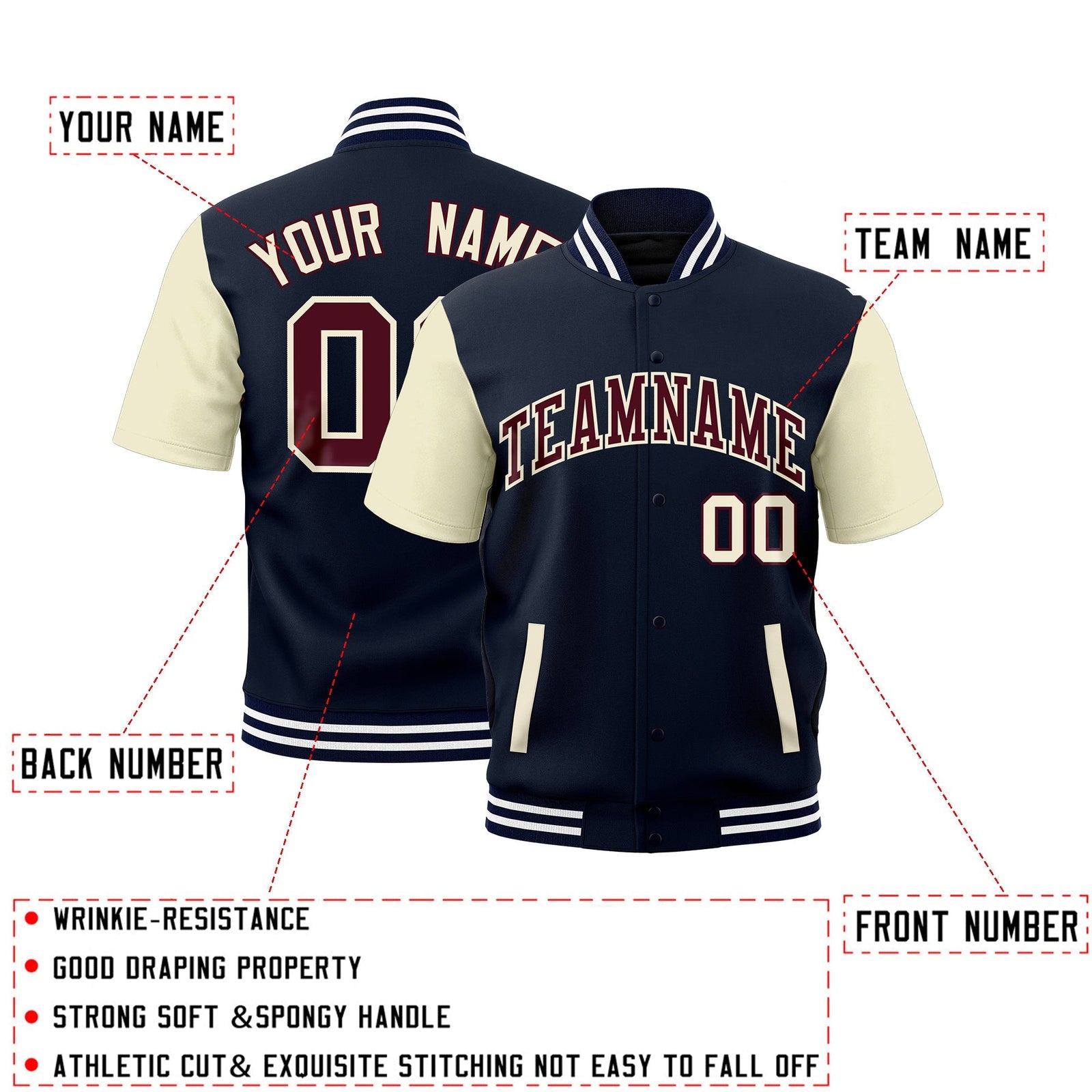 Custom Cream Navy White Full-Snap Classic Style Jacket| KXKSHOP