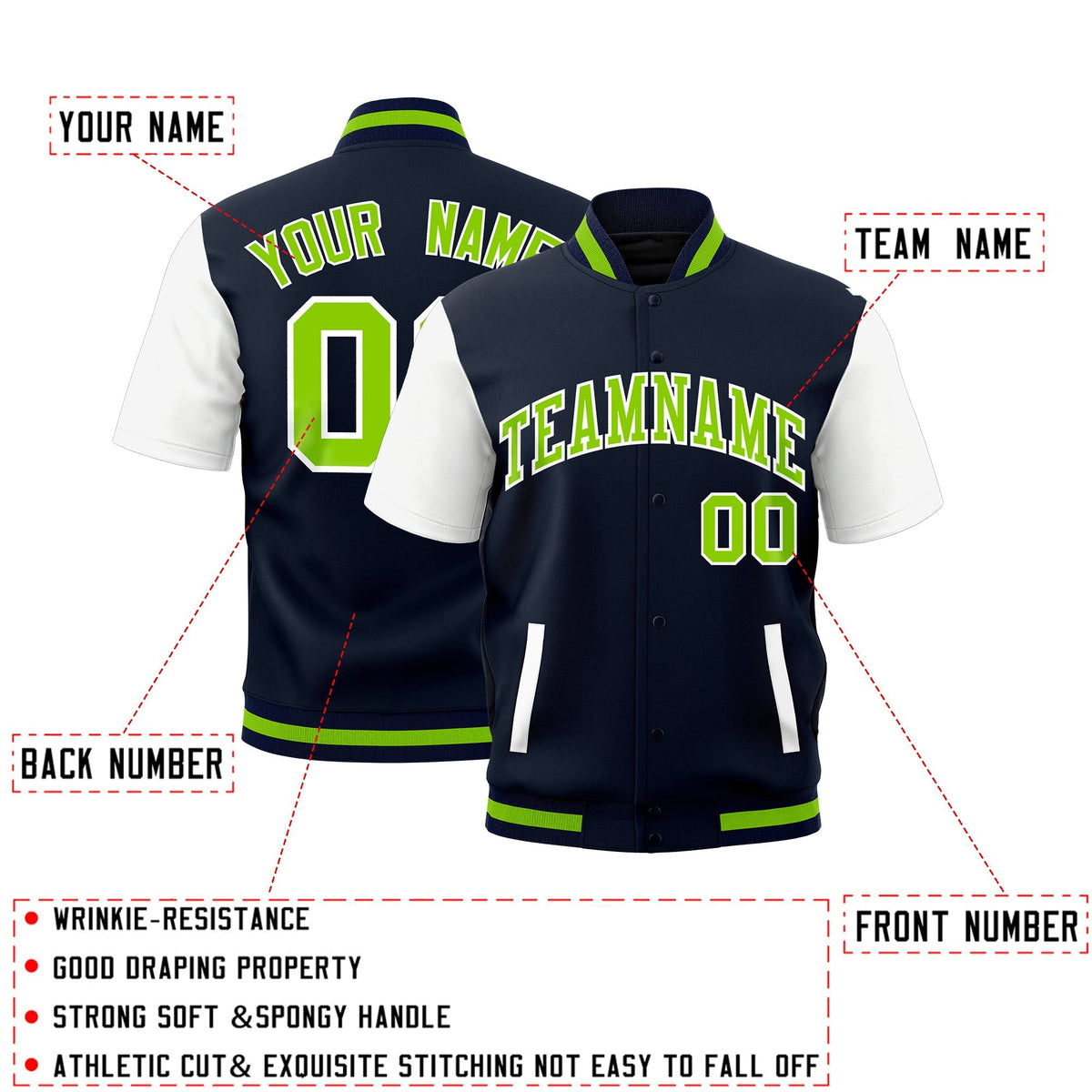 Custom White Navy Neon Green Full-Snap Classic Style Jacket| KXKSHOP