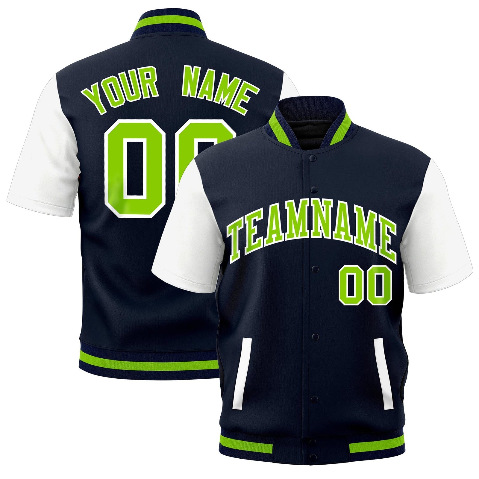 Custom White Navy Neon Green Full-Snap Classic Style Jacket| KXKSHOP