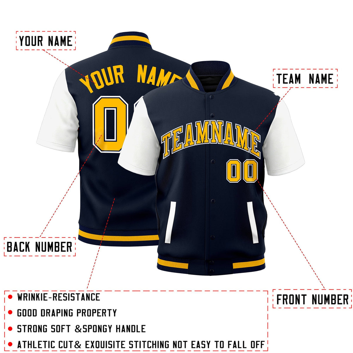 Custom White Navy Gold Full-Snap Classic Style Jacket| KXKSHOP