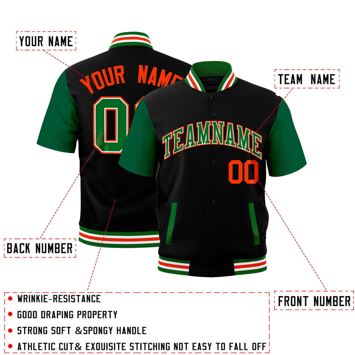 Custom Kelly Green White Orange Full-Snap Classic Style Jacket| KXKSHOP