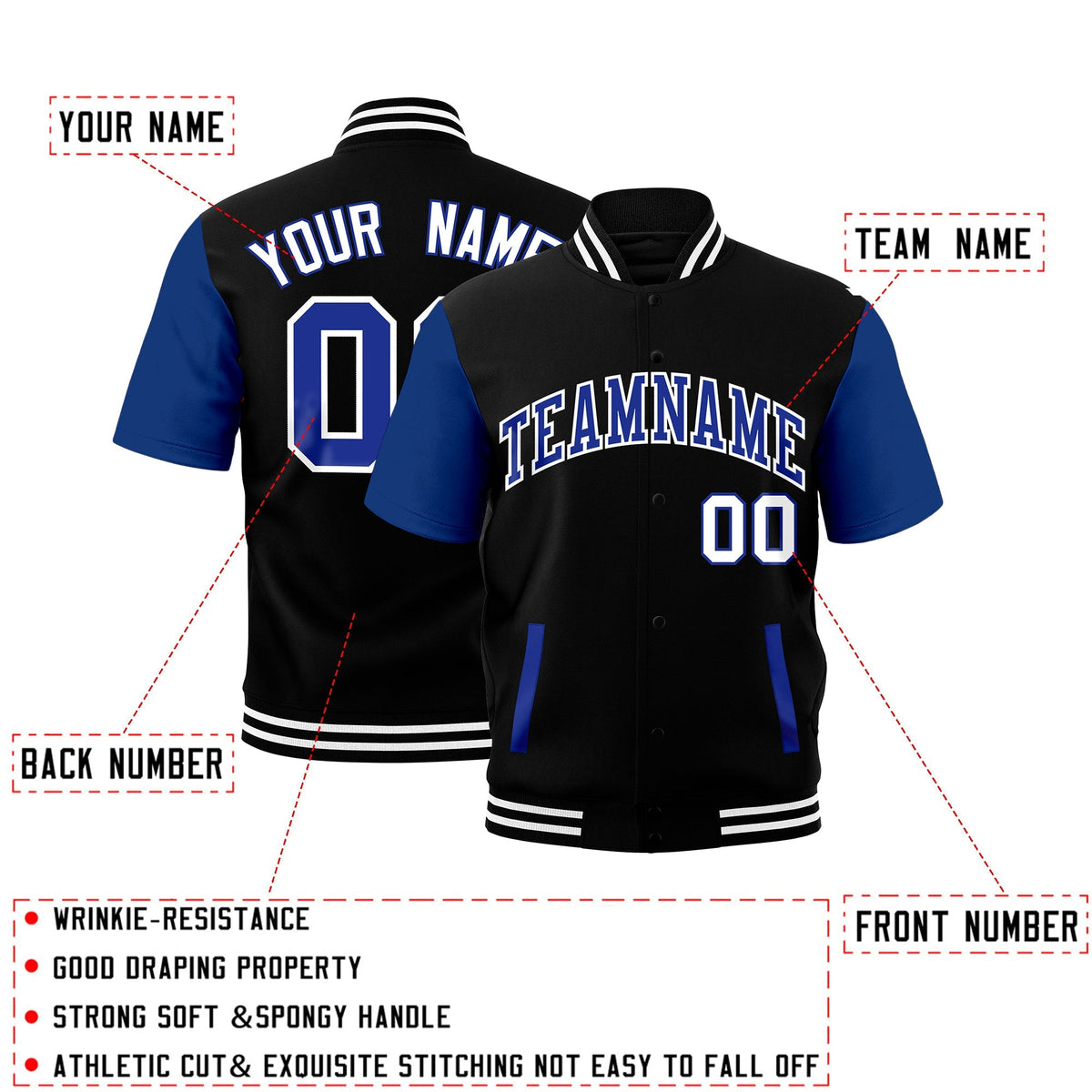 Custom Royal Blue Black White Full-Snap Classic Style Jacket| KXKSHOP