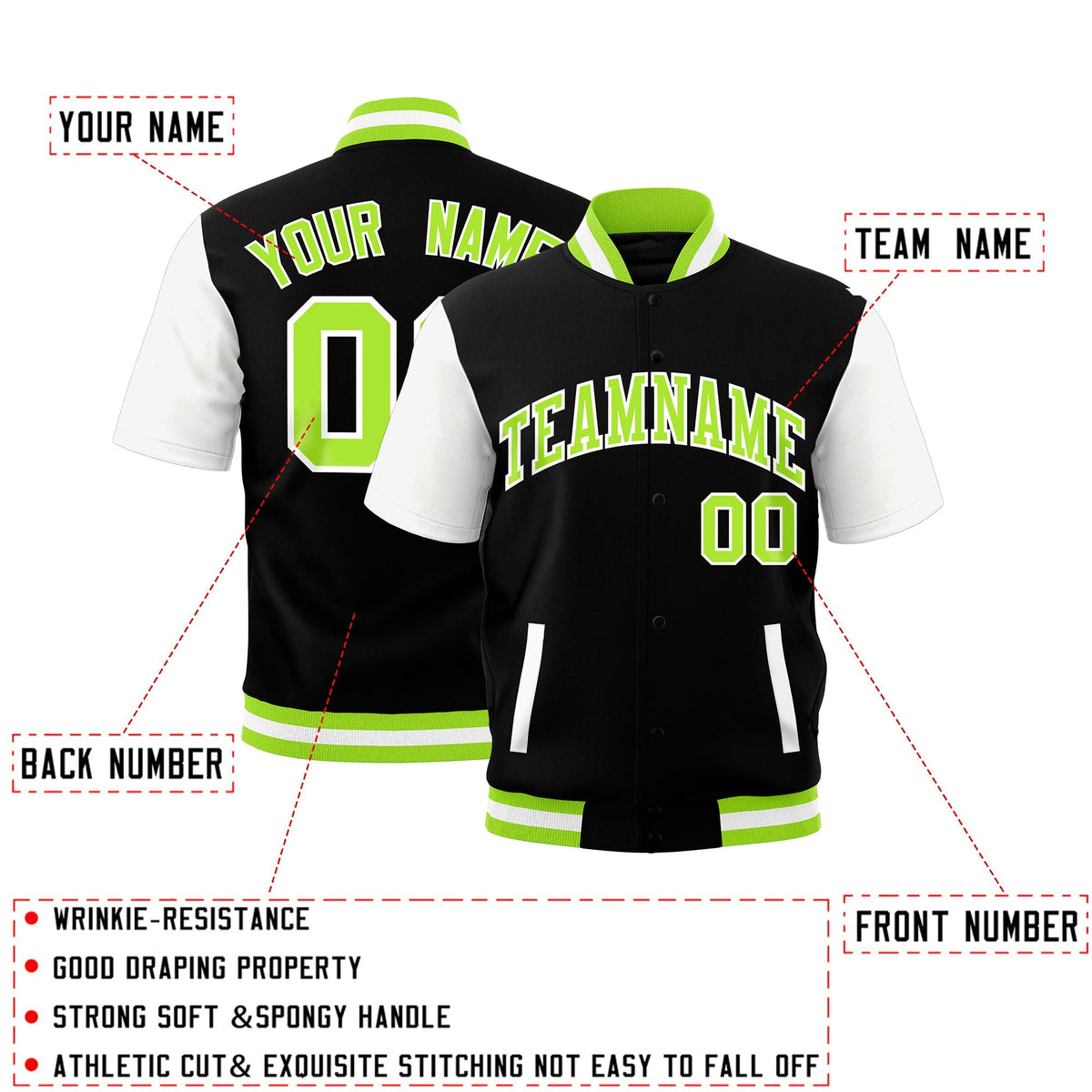Custom White Neon Green Full-Snap Classic Style Jacket| KXKSHOP