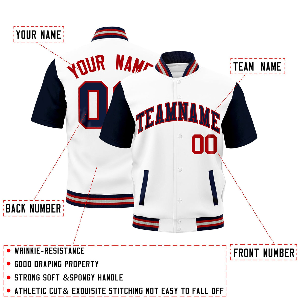 Custom Navy Red Silver Full-Snap Classic Style Jacket| KXKSHOP