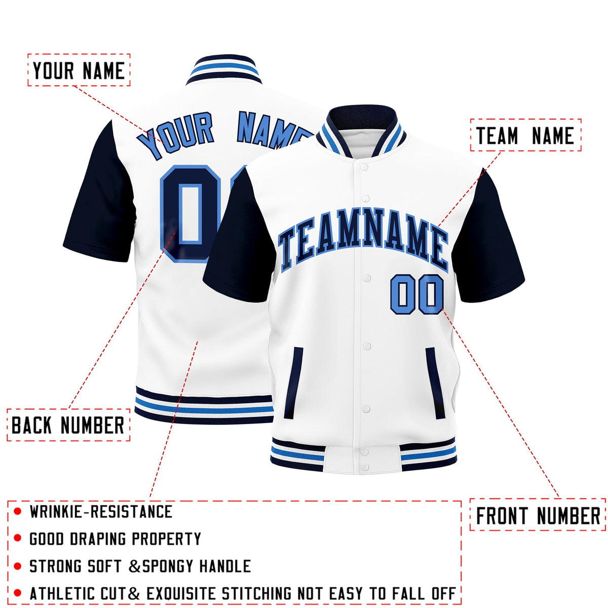 Custom Navy White Powder Blue Full-Snap Classic Style Jacket| KXKSHOP