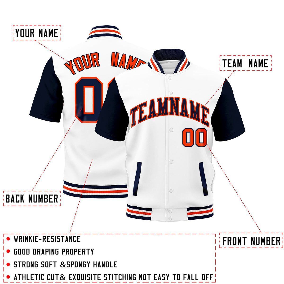 Custom Navy White Orange Full-Snap Classic Style Jacket| KXKSHOP