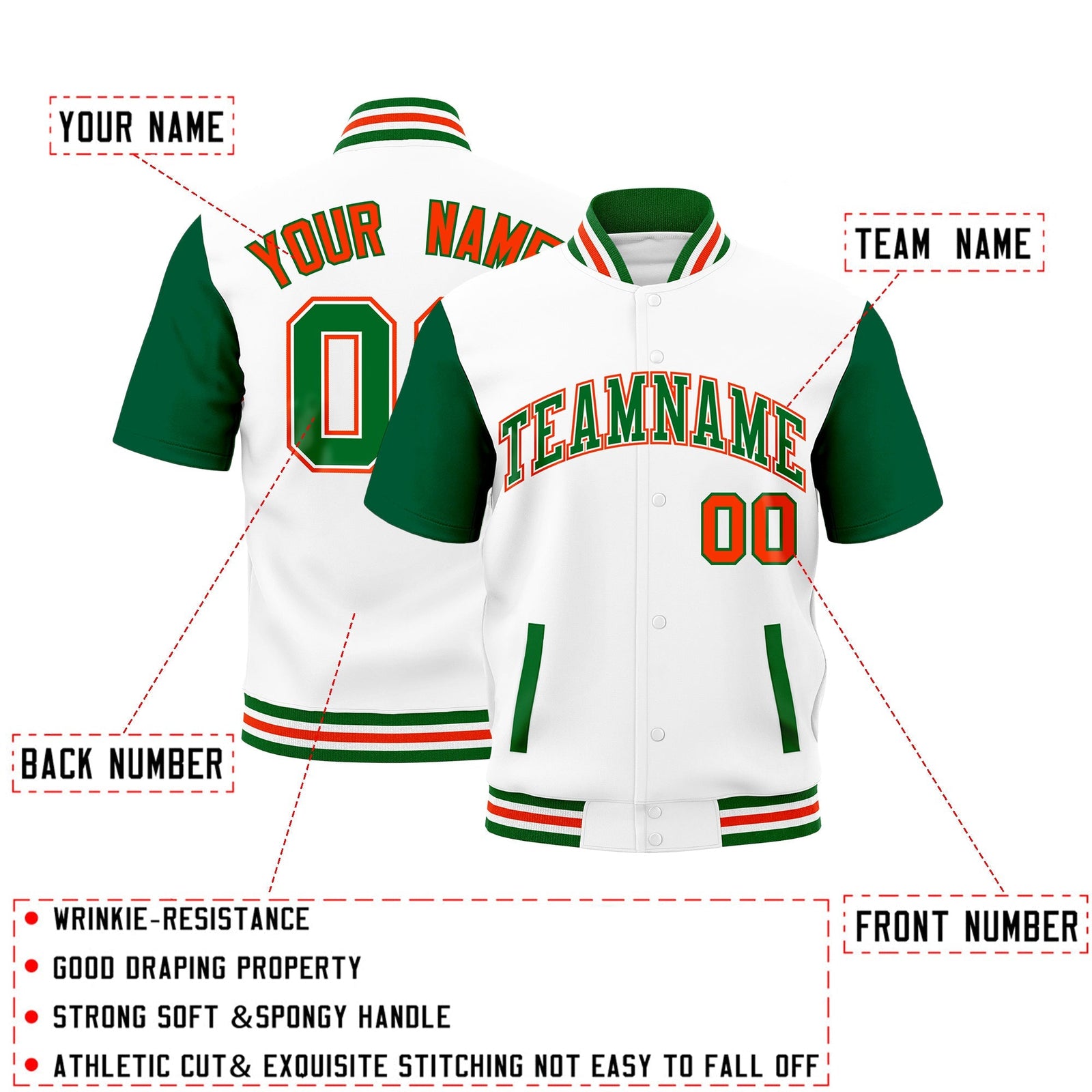 Custom Kelly Green White Orange Full-Snap Classic Style Jacket| KXKSHOP