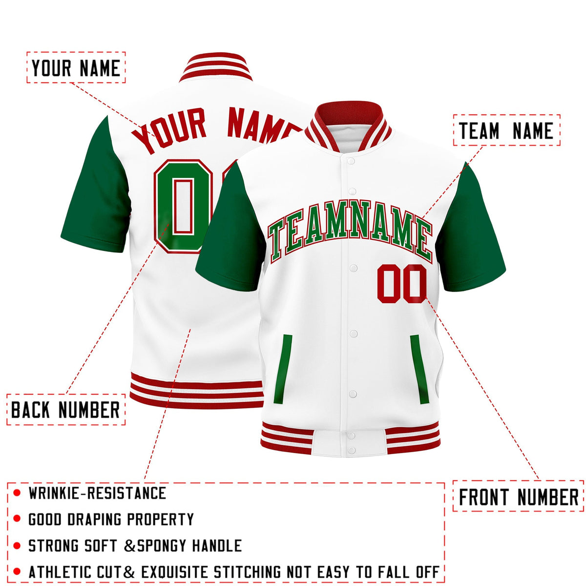 Custom Kelly Green Red White Full-Snap Classic Style Jacket| KXKSHOP